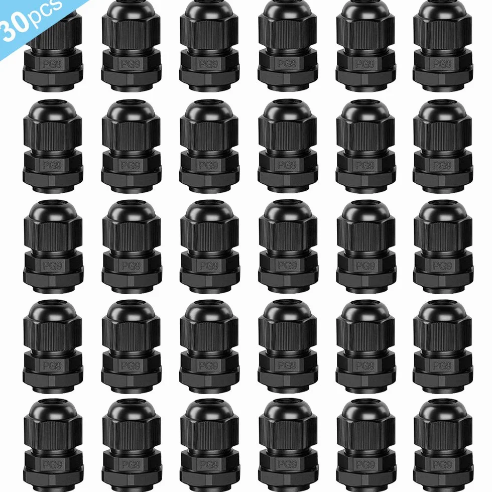 Prensaestopa PG9 30Pcs Nylon Cable Gland IP68 Impermeable 4-8mm Ajustable Negro