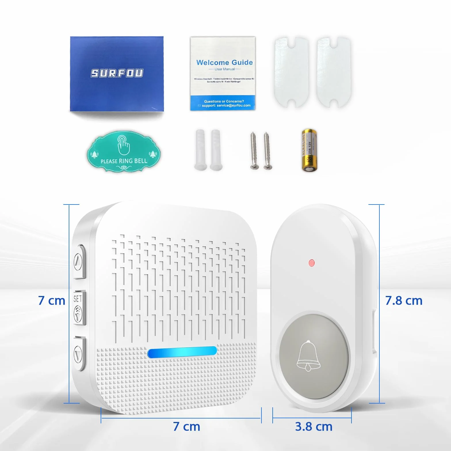 SURFOU Timbre Inalámbrico Exterior Impermeable con Batería 300M de Distancia e Enchufe Receptores Timbre para Casa 55 Tonos Incluidos de Navidad 5 Niveles de Volumen e Indicador LED, Blanco