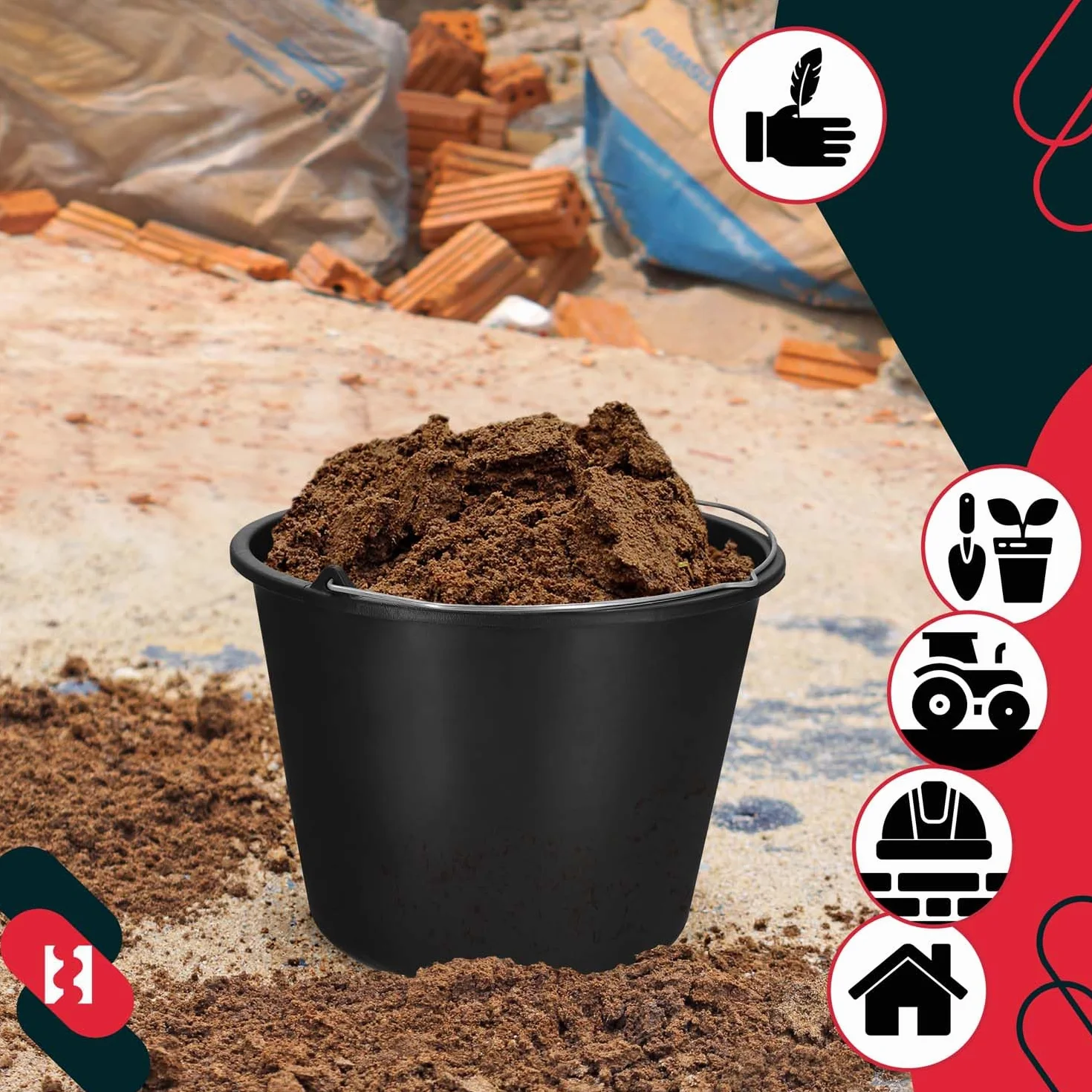 KOTARBAU Juego de 5 cubos de plástico de 16 l para la construcción, cubos para mortero, cemento, agua, cubo de jardín, negro
