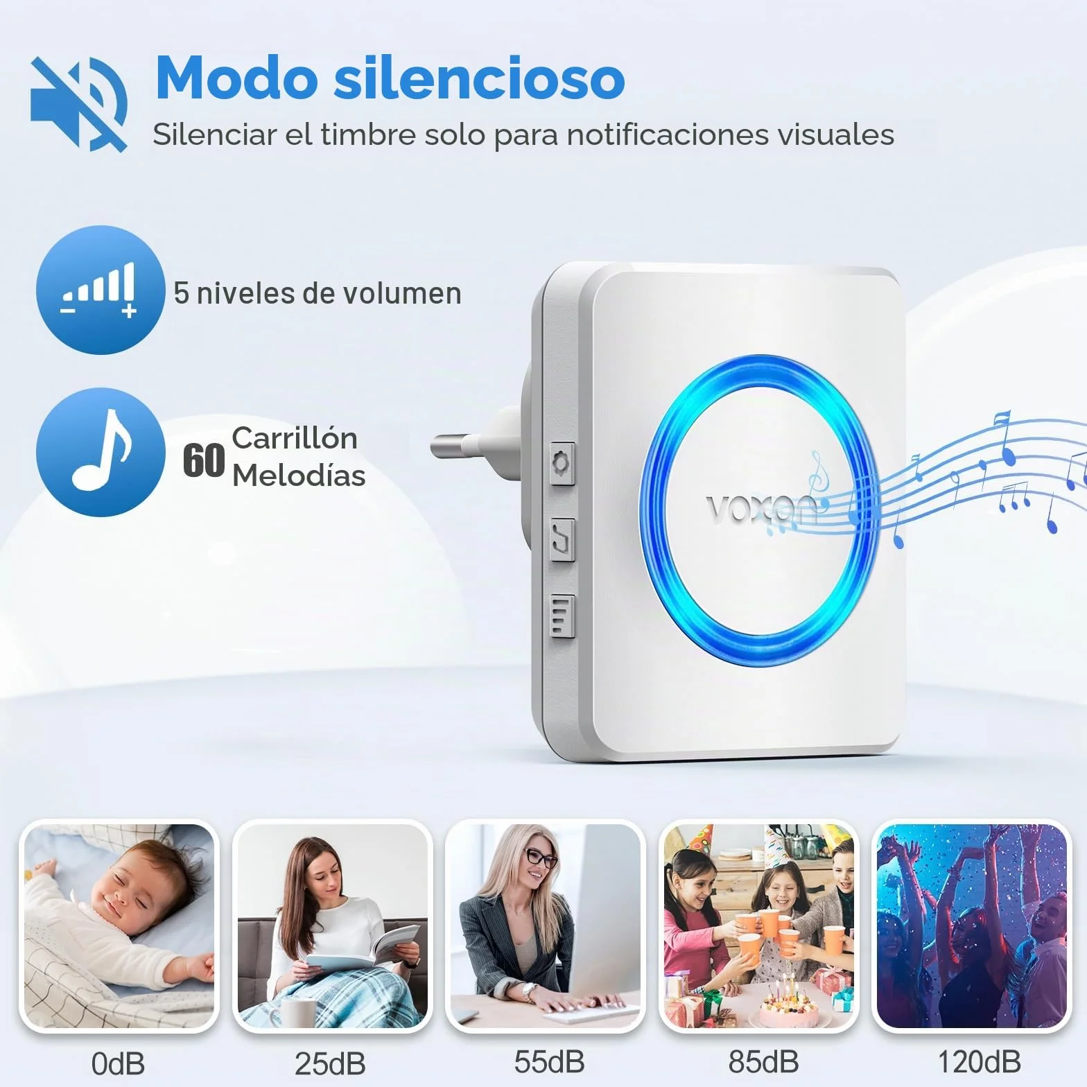 VOXON Timbre Inalámbrico, Alcance de 400m, Conjunto de Timbre con 2 Receptores, Resistente al Agua IP65 para Exteriores, Timbre de Puerta con Luz LED, 5 Niveles de Volumen, 60 Melodías