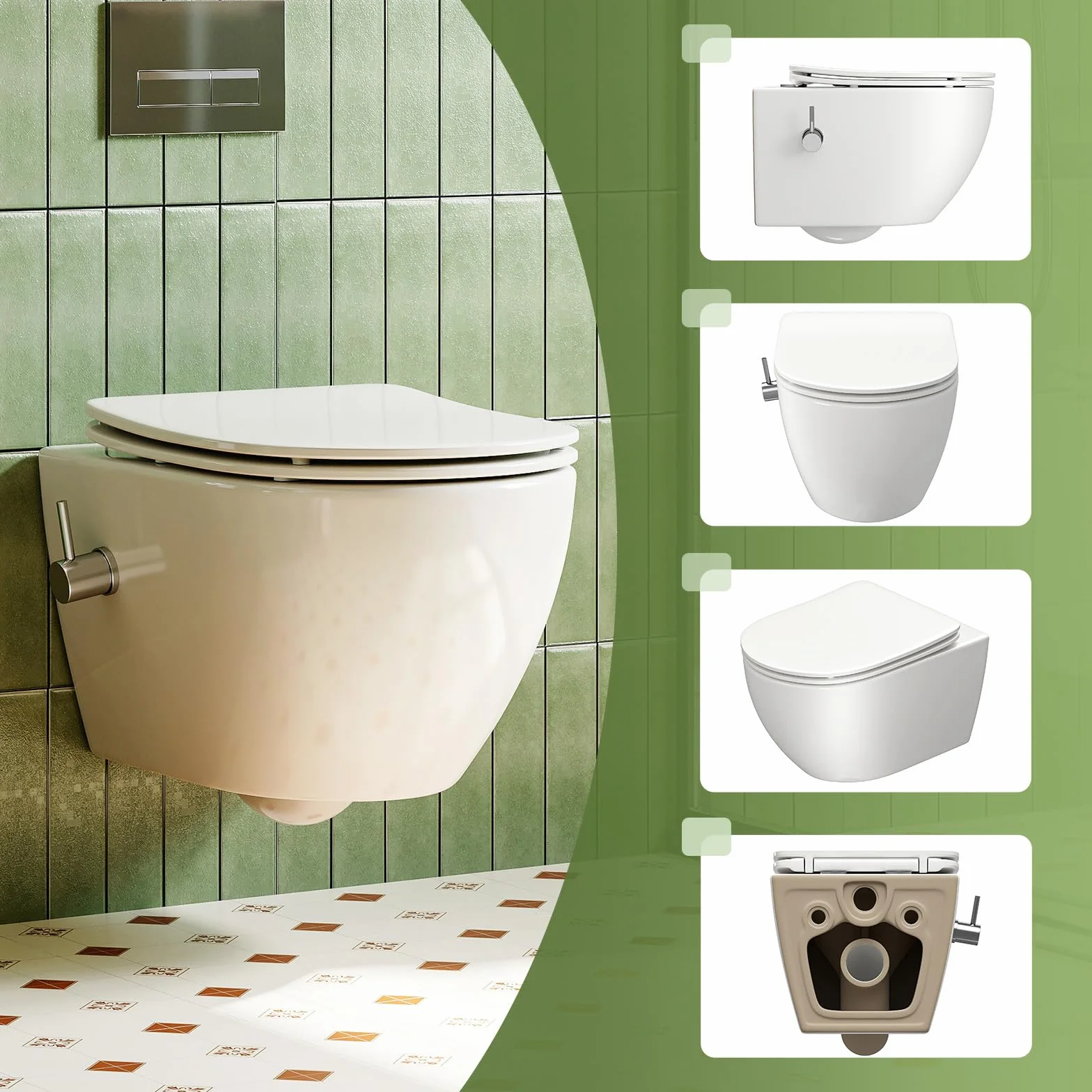 Inodoro de ducha con boquilla integrada, inodoro colgante con función de bidé, inodoro Taharet con nanorevestimiento, inodoro con ducha con grifo, asiento de inodoro con cierre automático, 53×36×35 cm
