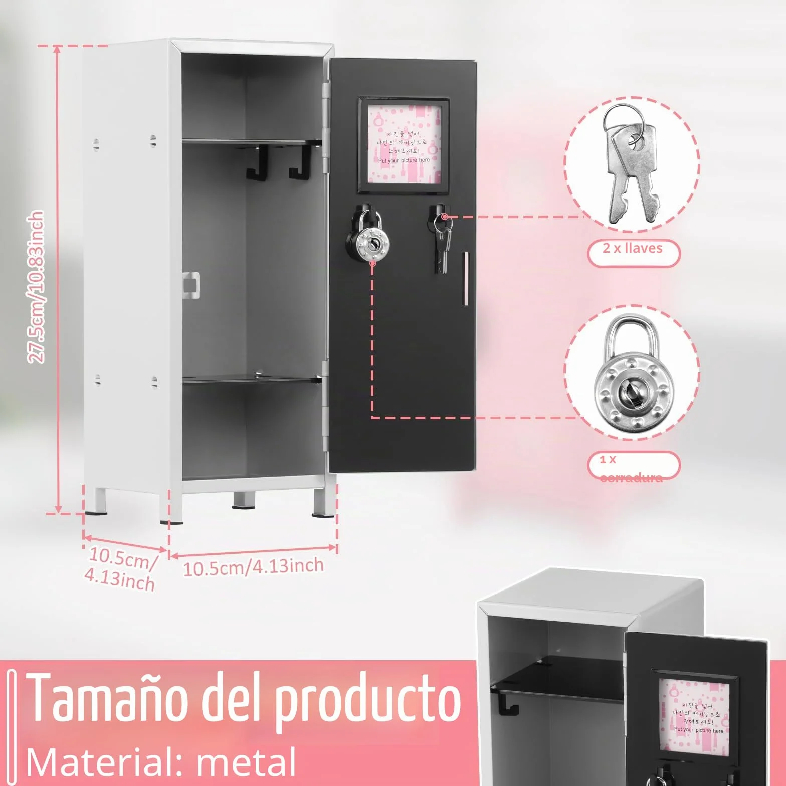 Mini taquilla con cerradura y llave 27,5 x 10,5 x 10,5 cm metal roto almacenamiento escritorio portátil