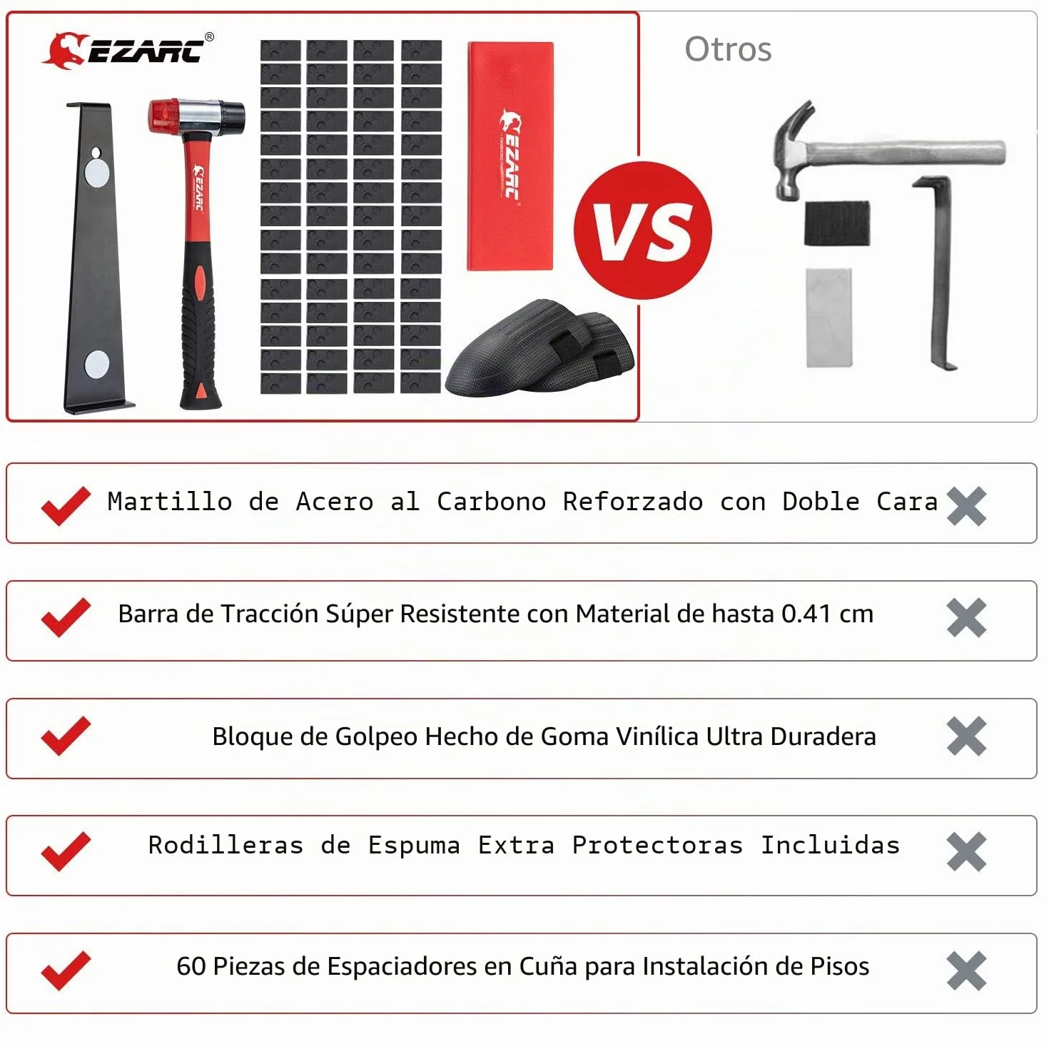 EZARC Kit de Suelo Laminado Instalación Madera con Martillo de Goma de Doble Cara, Rodilleras de Espuma, Bloque de Impacto, Barra de Tracción, 60 Espaciadores