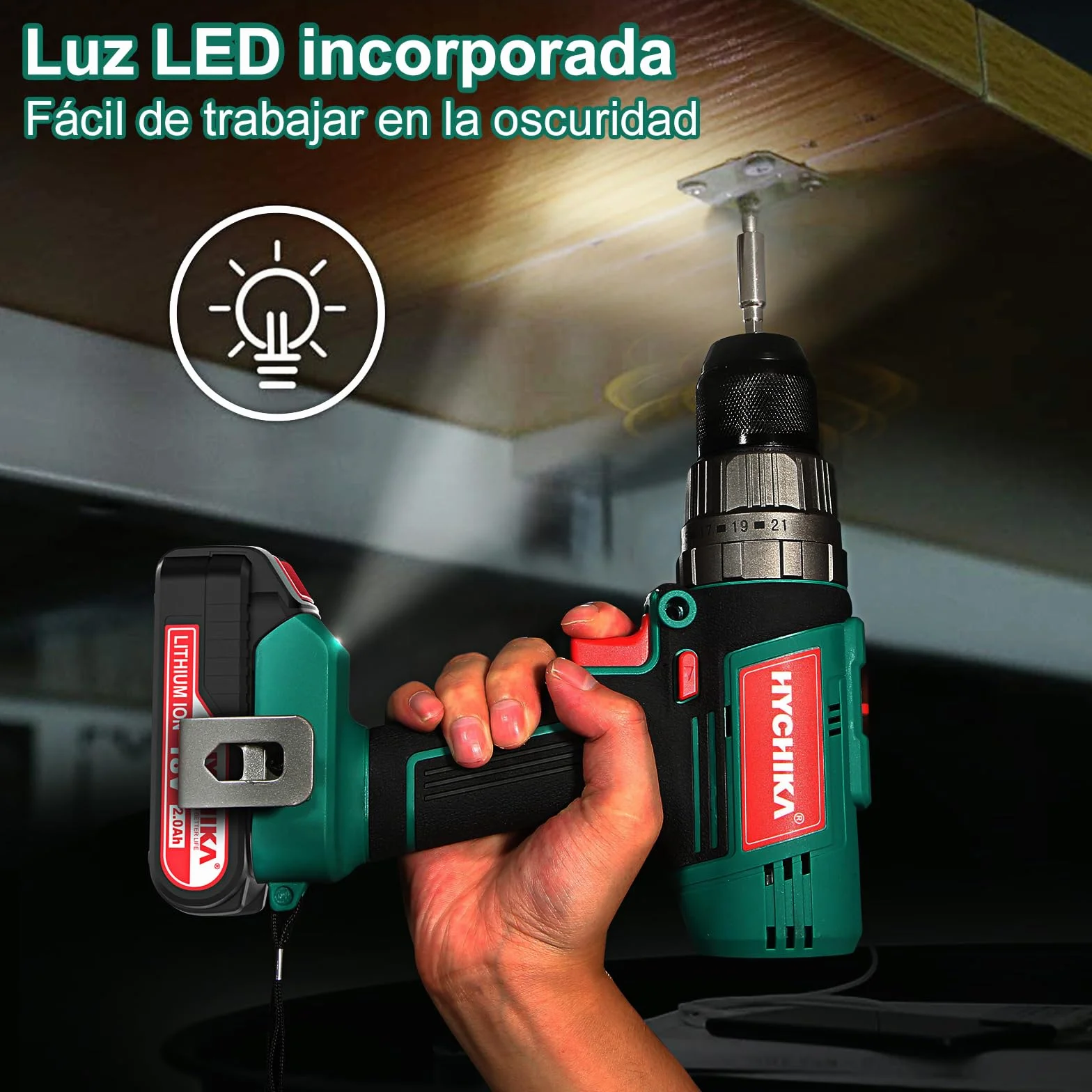 HYCHIKA Taladro Percutor Atornillador 18V 45Nm, Taladro Percutor con 2.0 Ah Batería, 27 Accesorios, 21+3 Ajustes de Par, 2 velocidades ajustables,Cargador Rápido, Para Reparaciones en El Hogar | Batería 2.0 Ah & set de 27 accesorios. Taladro de 2 velocida