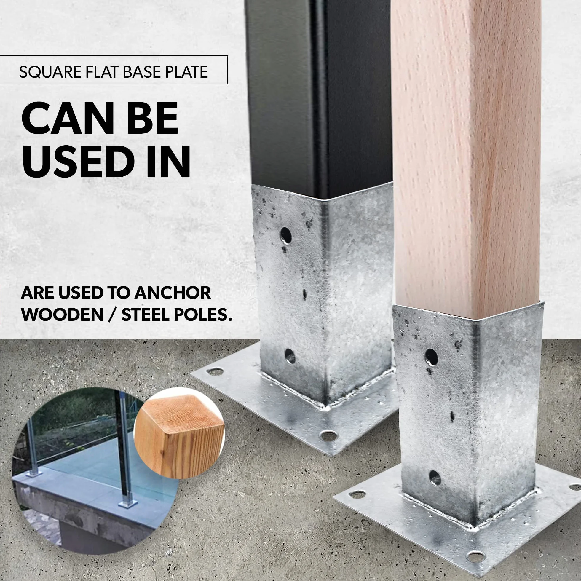 DOJA Barcelona | Anclaje Poste Cuadrado | PACK4 | 71x71mm | Acero Galvanizado | Base Poste con Base Atornillable | Anclaje Cuadrado para Postes de Madera, Vallas para Jardin, Cenadores, Barra Cortinas