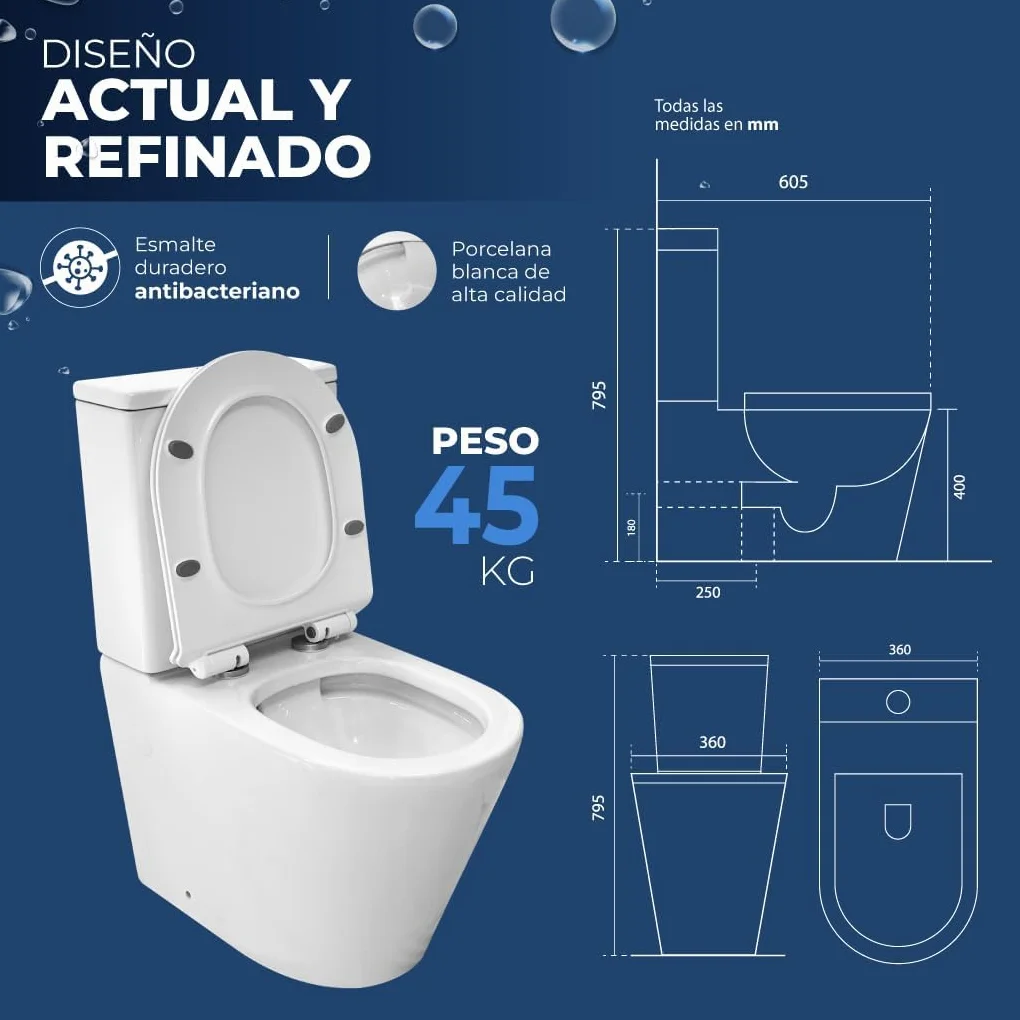Inodoro Completo - WC Inodoro Completo con Sistema Rimless Antibacterias - Vater Baño con Tapa UF Termodurente Amortiguada - Inodoro Salida Dual Eficiente con Ahorro de Agua (Venecia)