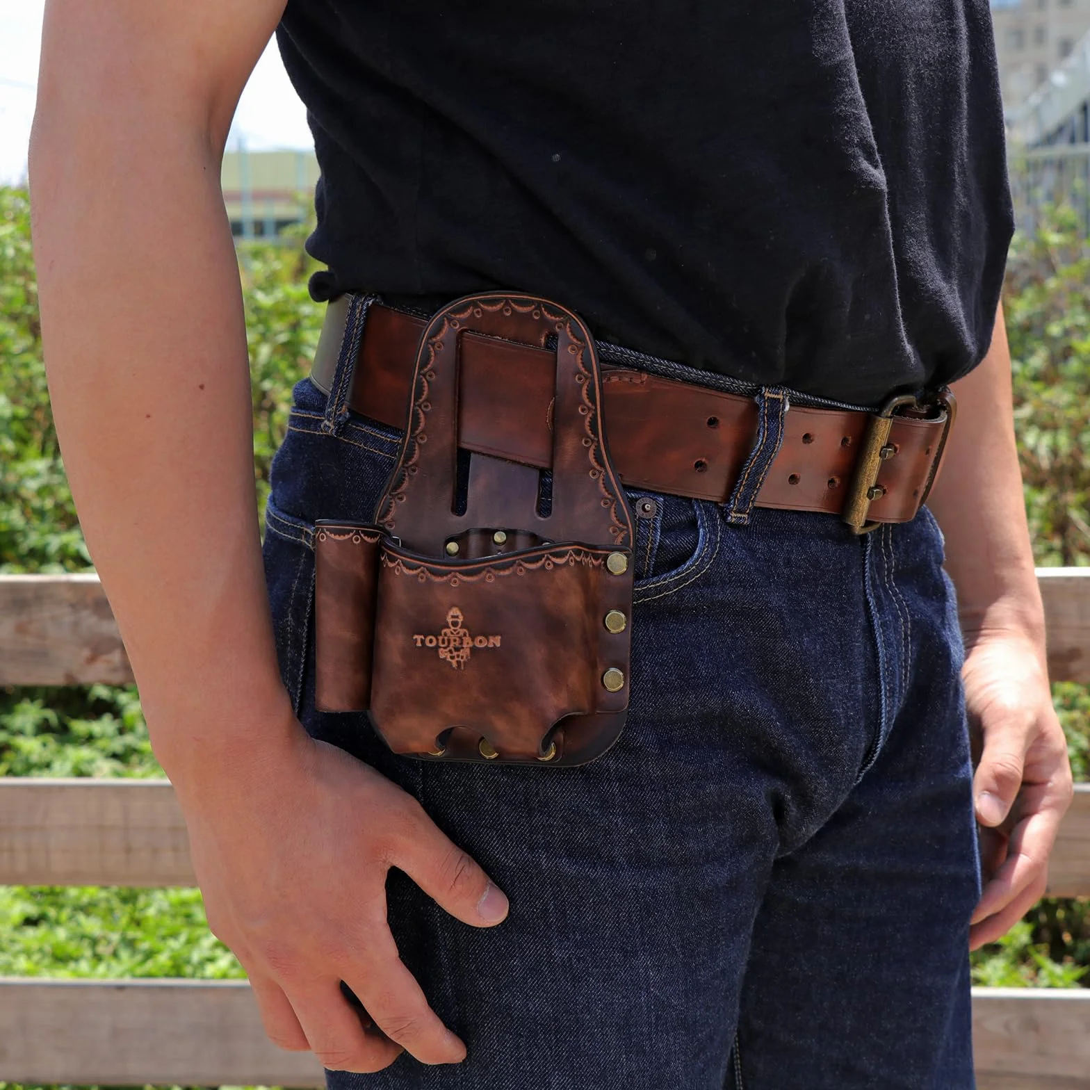 TOURBON - Soporte grande de piel auténtica para cinta métrica de cinturón, bolsa de herramientas con martillo, funda para cuchillos utilitarios, trabillas para lápices