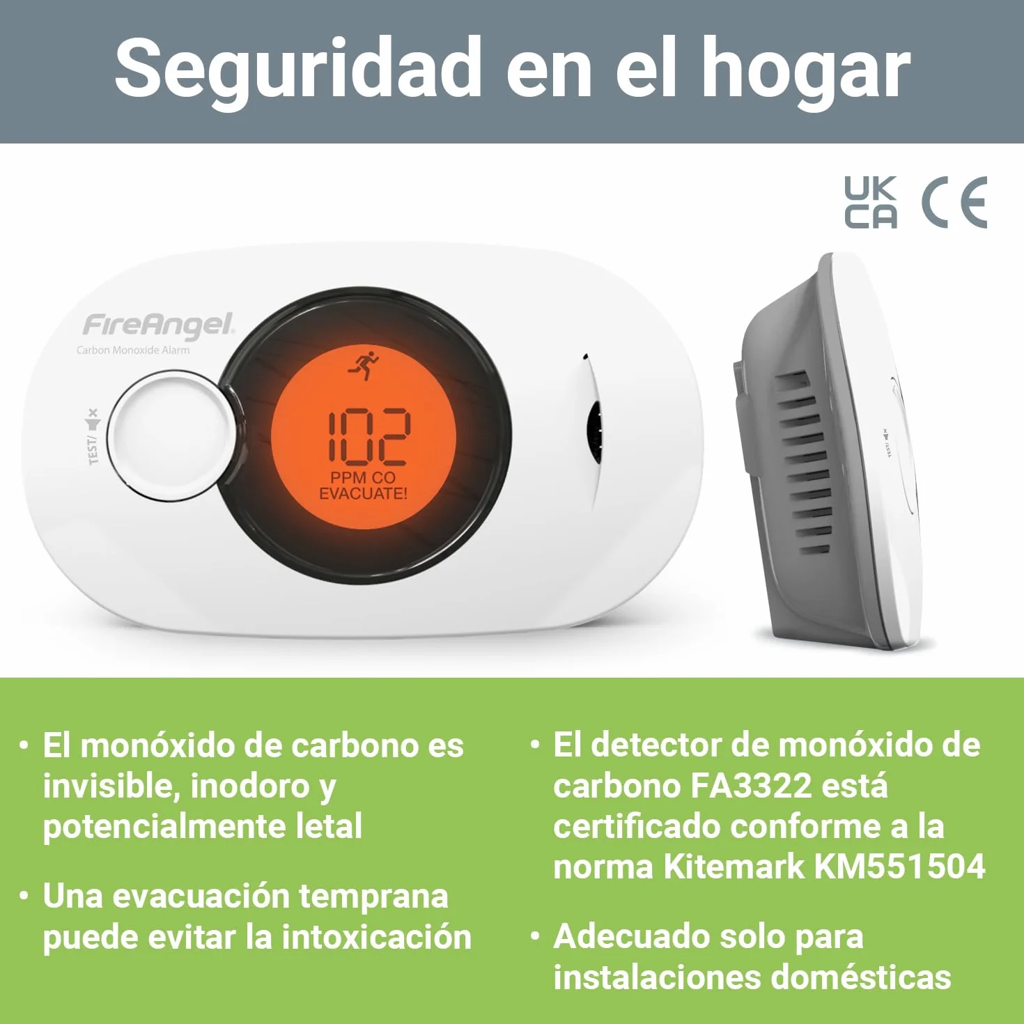 FireAngel Detector de Monóxido de Carbono Digital con Batería Sellada de 10 Años de Duración FA3322 - Alarma de CO, Humedad y Temperatura Portátil