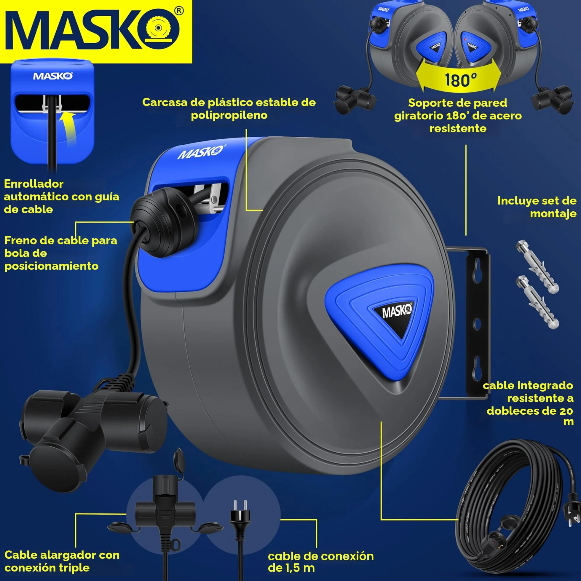 MASKO® Cable alargador automático de 20 m con conexión de 3 vías, giratorio 180°, cable de alimentación de 1,5 m, soporte de pared, enrollador de cables, enrollador de cables, incluye guantes