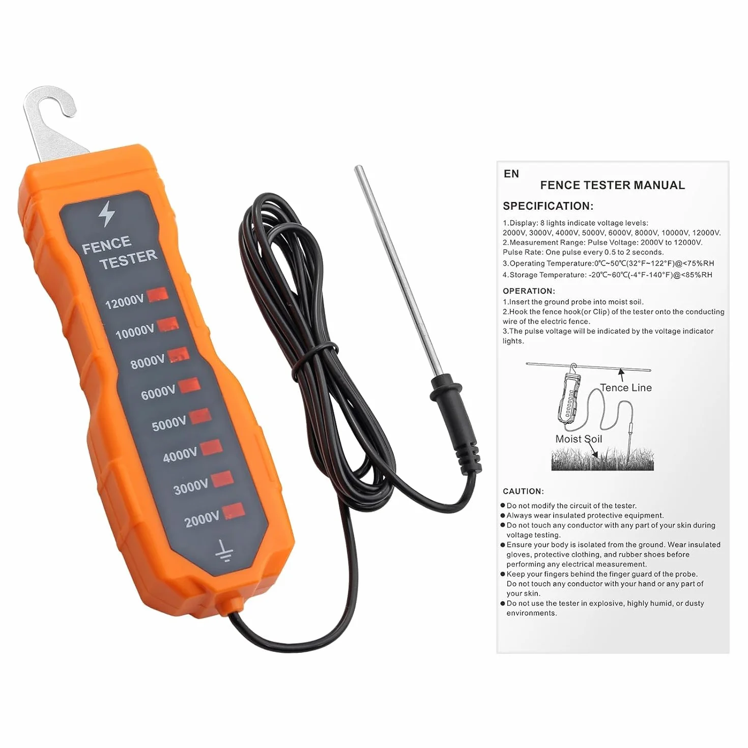 Neoteck Probador de Voltaje de Cerca Eléctrica 12KV 2000-12000V Medidor de Voltaje de Cerca de Neón con 8 Luces Indicadoras para Diagnosticar Fallos en Cercas de Ranchos y Granjas