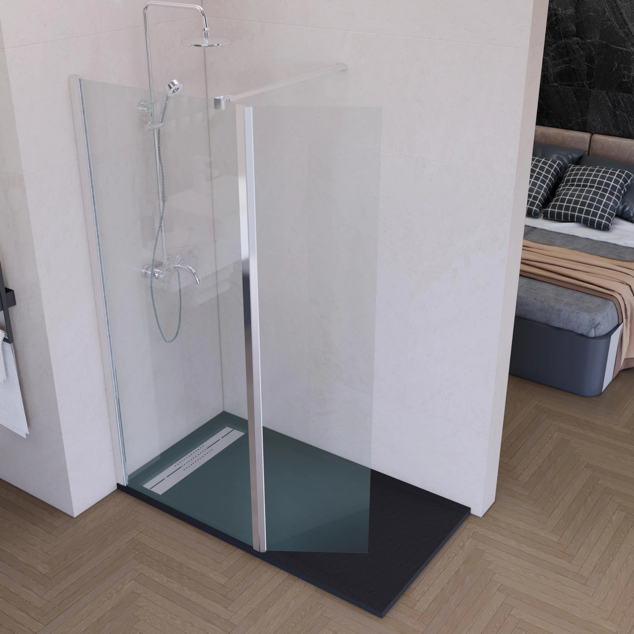 Mampara de Ducha Fija con Panel Abatible Cromo 60 cm + 40 cm – Cristal Templado 8 mm Antical – Mampara Walk In Reversible para Baño Moderno – HOGAKIS