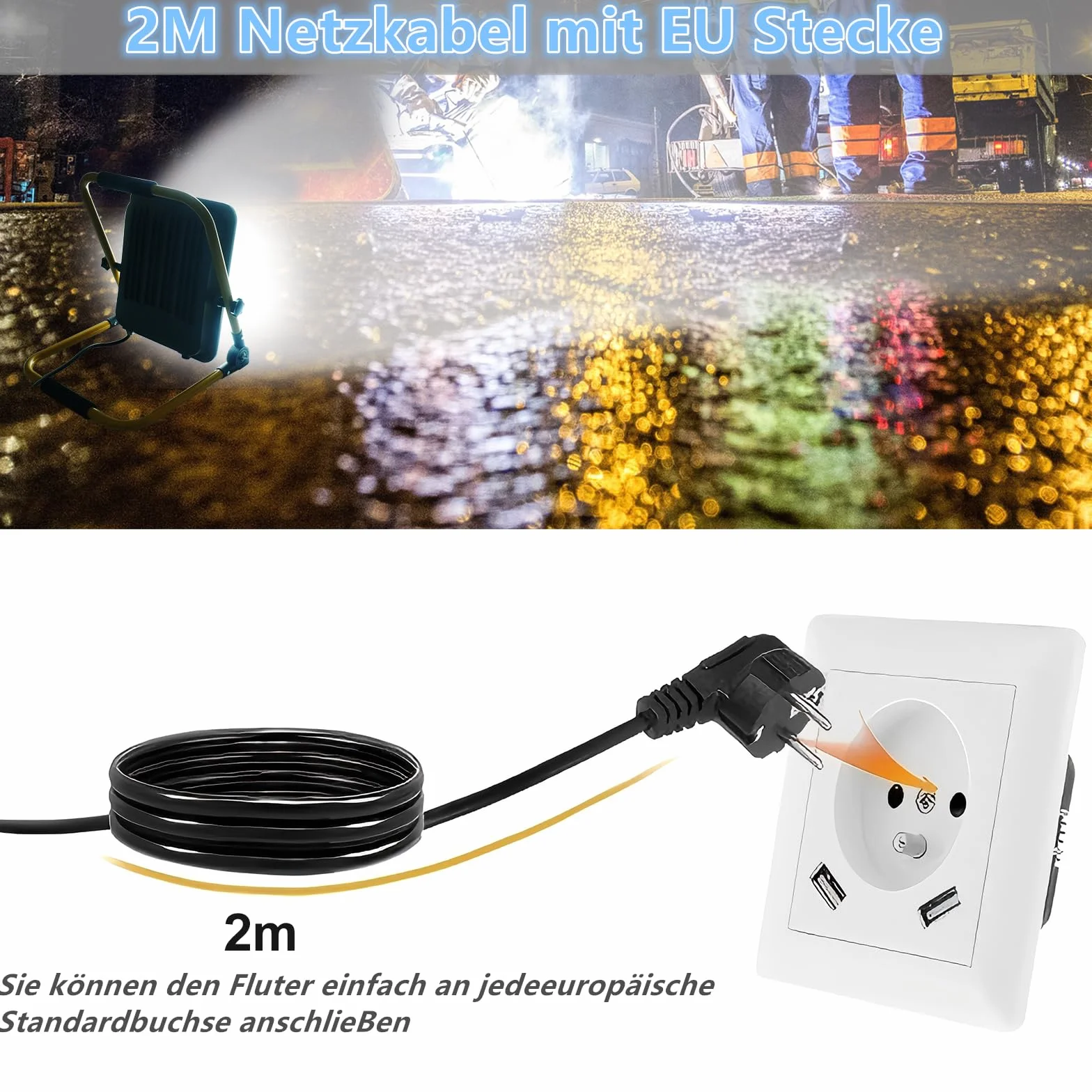 Foco de Trabajo LED 50W 6000K con Enchufe Europeo Portátil para Obra