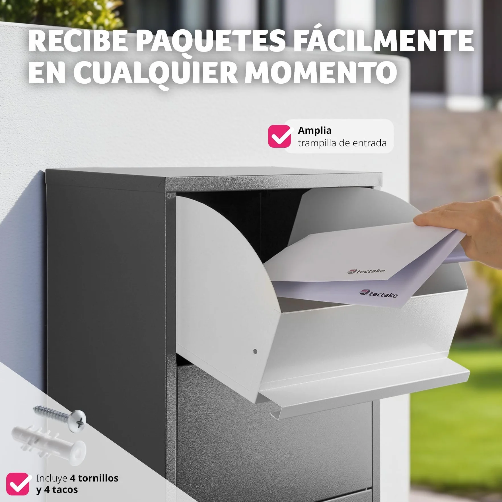 tectake® Buzón Exterior XXL, Buzón para Paquetes y Cartas, Cerradura de Cilindro Antirrobo con 2 llaves, Buzón Correos Premontado, Chapa de Acero, Robusto, Espacioso, 44x22x82 cm, Entrega sin Contacto