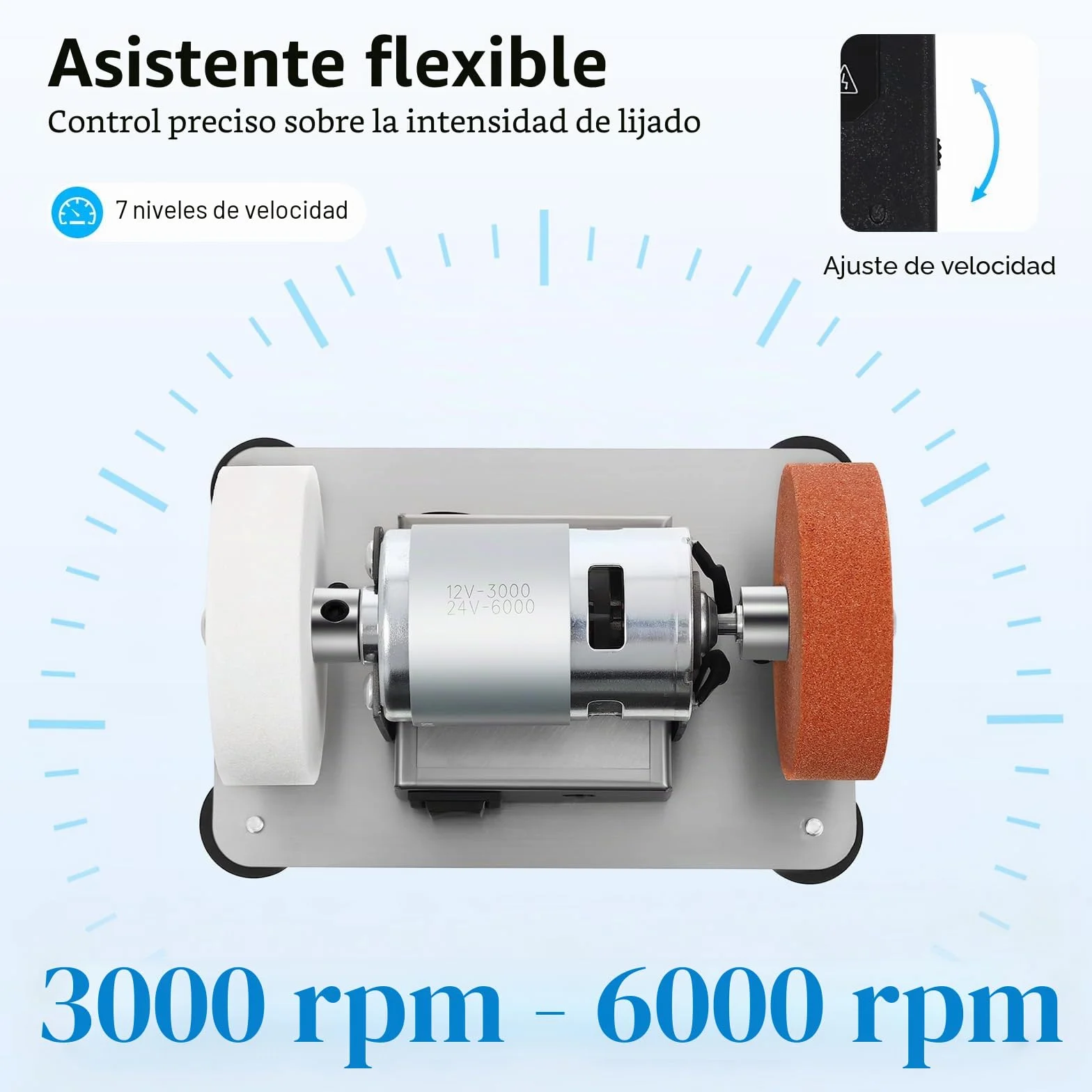 Mini amoladora de banco, muelas abrasivas dobles y lijadora de banda con 7 velocidades de velocidad, sistema artesanal de pulidora de mesa de 3000-6000 RPM para joyería, metal, madera, jade, cuchillo