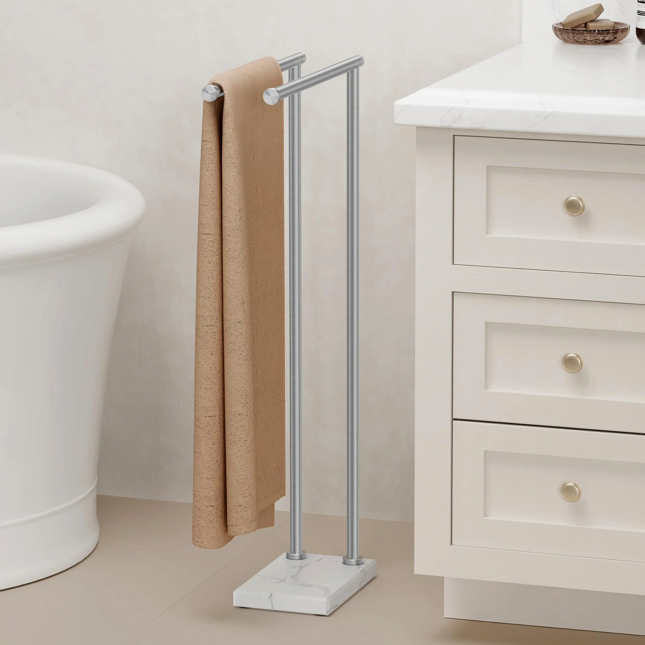 KES Toallero de Baño de Pie Barra Toallas Baño Doble Acero Inoxidable 18/8 Toallero de Barra con 3X Grueso Base de Mármol Cepillado, BTH235-2