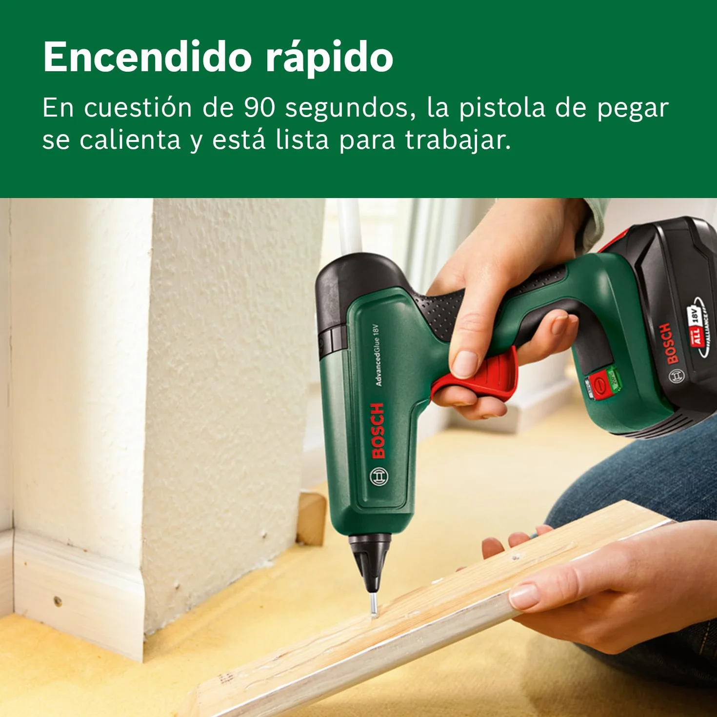 Bosch pistola de pegar a batería AdvancedGlue 18V (sin batería; sistema 18 V; 4 barras de cola; calienta en 90 s; modo doble temp. 130 °C - 200 °C; para bricolaje, reparación y más; embalaje cartón)