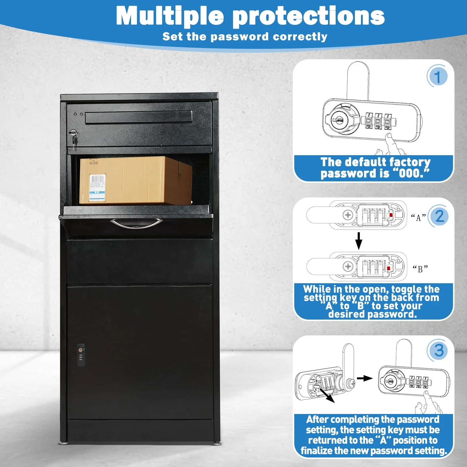 Buzón para exteriores, caja grande para paquetes con cerradura de combinación, buzón de acero inoxidable con función impermeable y antirrobo (50 x 36,5 x 114 cm)