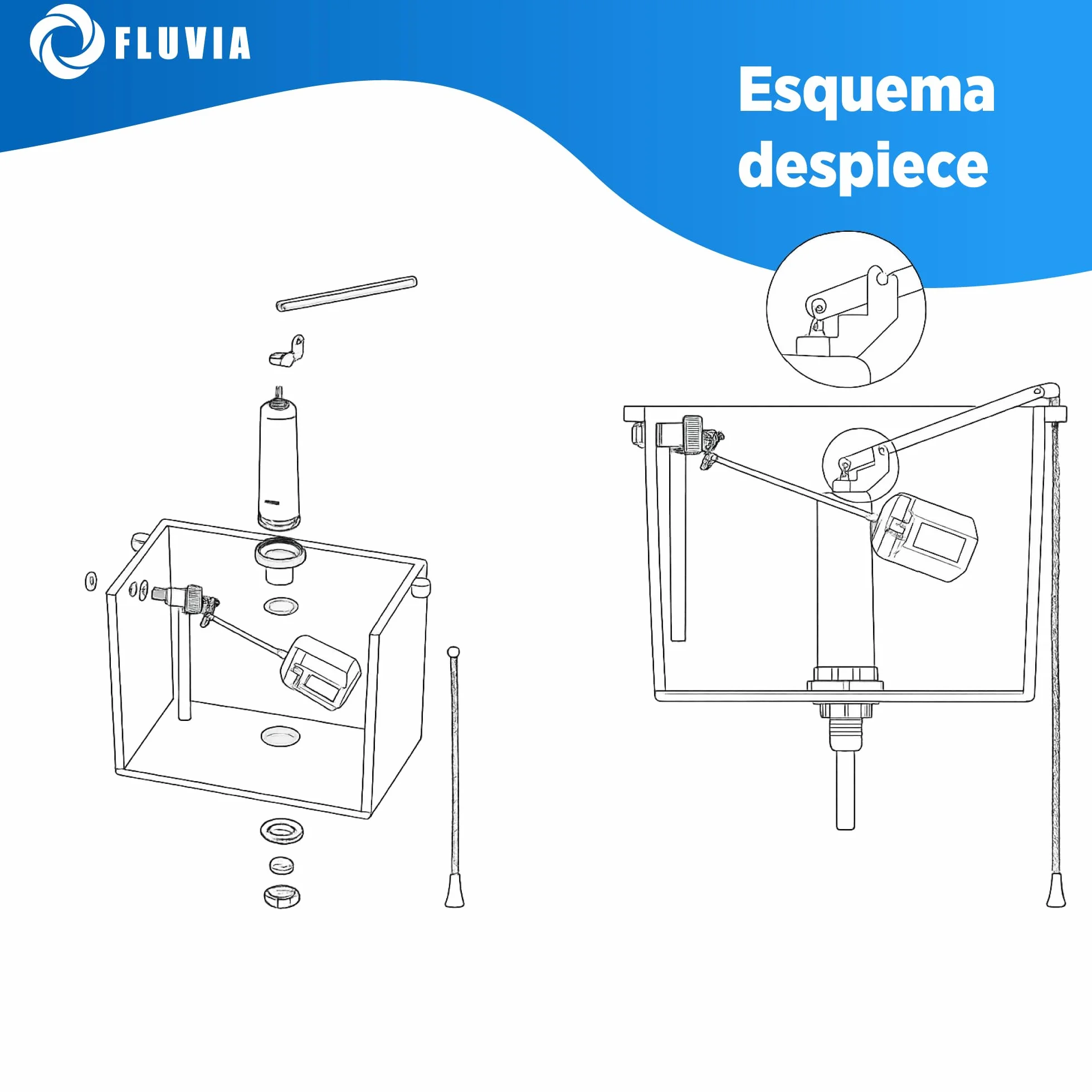 Cisterna Alta completa para inodoro de PVC |incluye Mecanismo de descarga flotador lateral y cadena | intalacion nueva o reemplazo |resistente y facil de montar FLUVIA