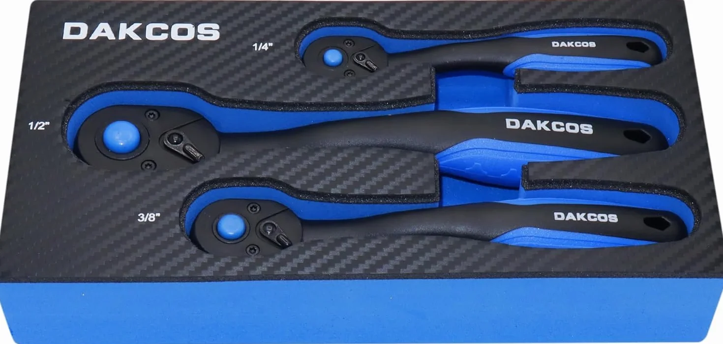 DAKCOS Juego de 3 Llaves de Carraca Trinquete Reversible de 1/2 1/4 3/8" | con Mango de Liberación Rápida, 72 Dientes Cr-V