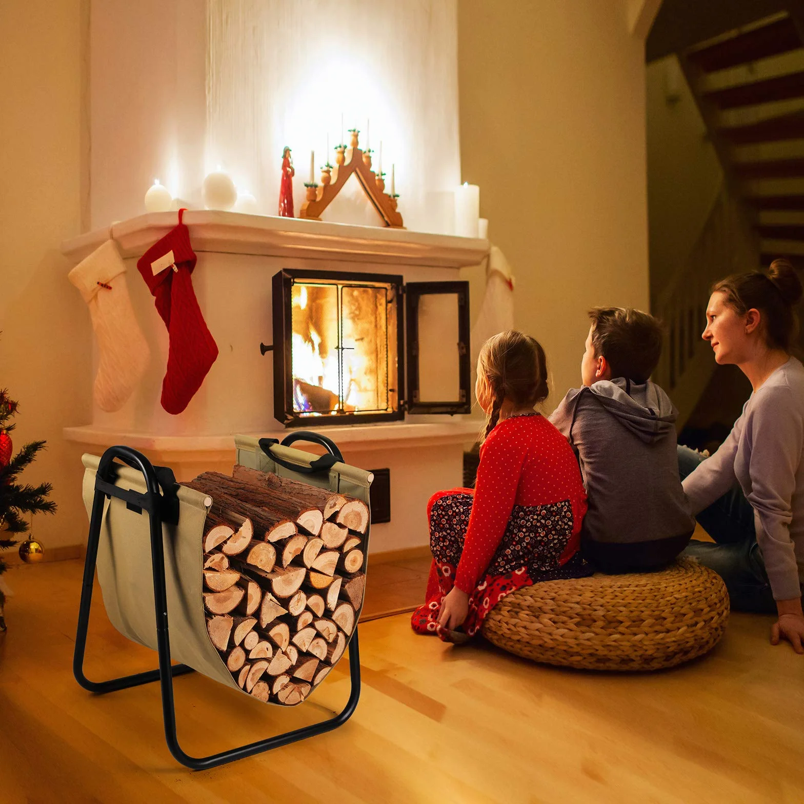 TJ.MOREE Soporte para leña de chimenea con soporte de lona para interiores y exteriores, contenedor de madera resistente (verde oliva desteñido)
