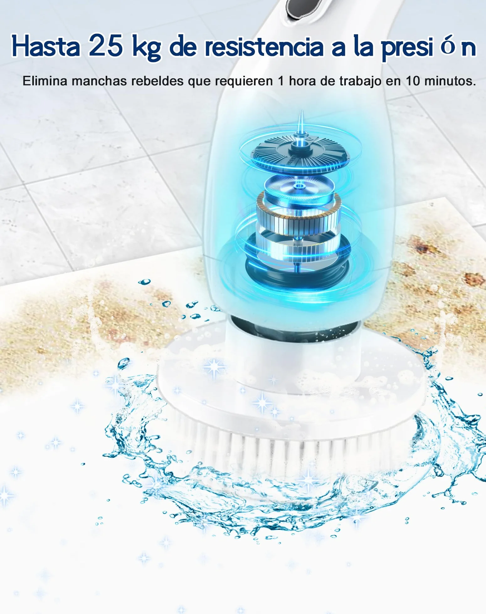 Cepillo Electrico Limpieza Hogar con 2 Velocidades, 4 Cabezales, 2500 mAh Batería, Impermeabilidad IPX7, Mango Ajustable, USB Recargable Cepillo Limpieza Eléctrico para Baño, Cocina, Suelos