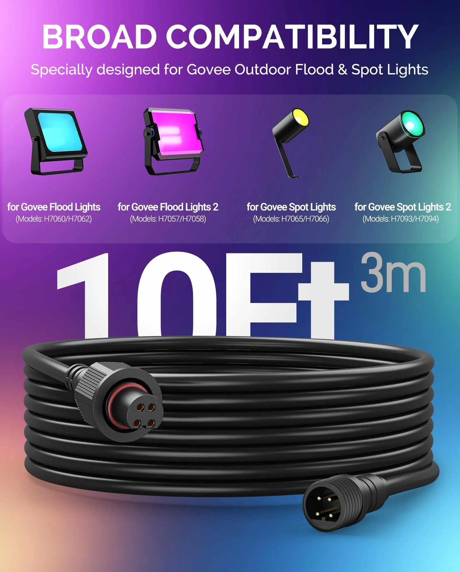 Cable de extensión de 10 pies para luces de inundación y focos Govee para exteriores, cable de extensión impermeable de 4 pines para Govee H7057, H7058, H7060, H7062, H7093, H7094, H7065