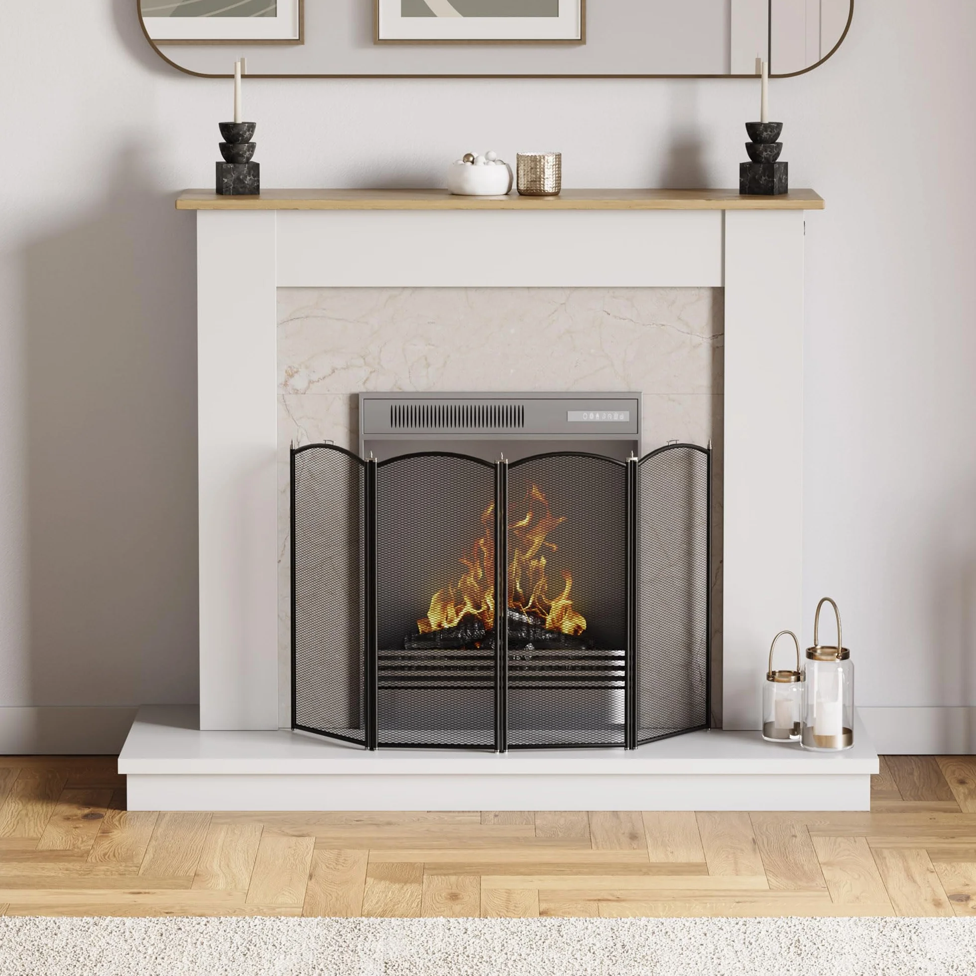 Fire Vida Protector de chimeneas de Metal con 4 Paneles, Color Negro