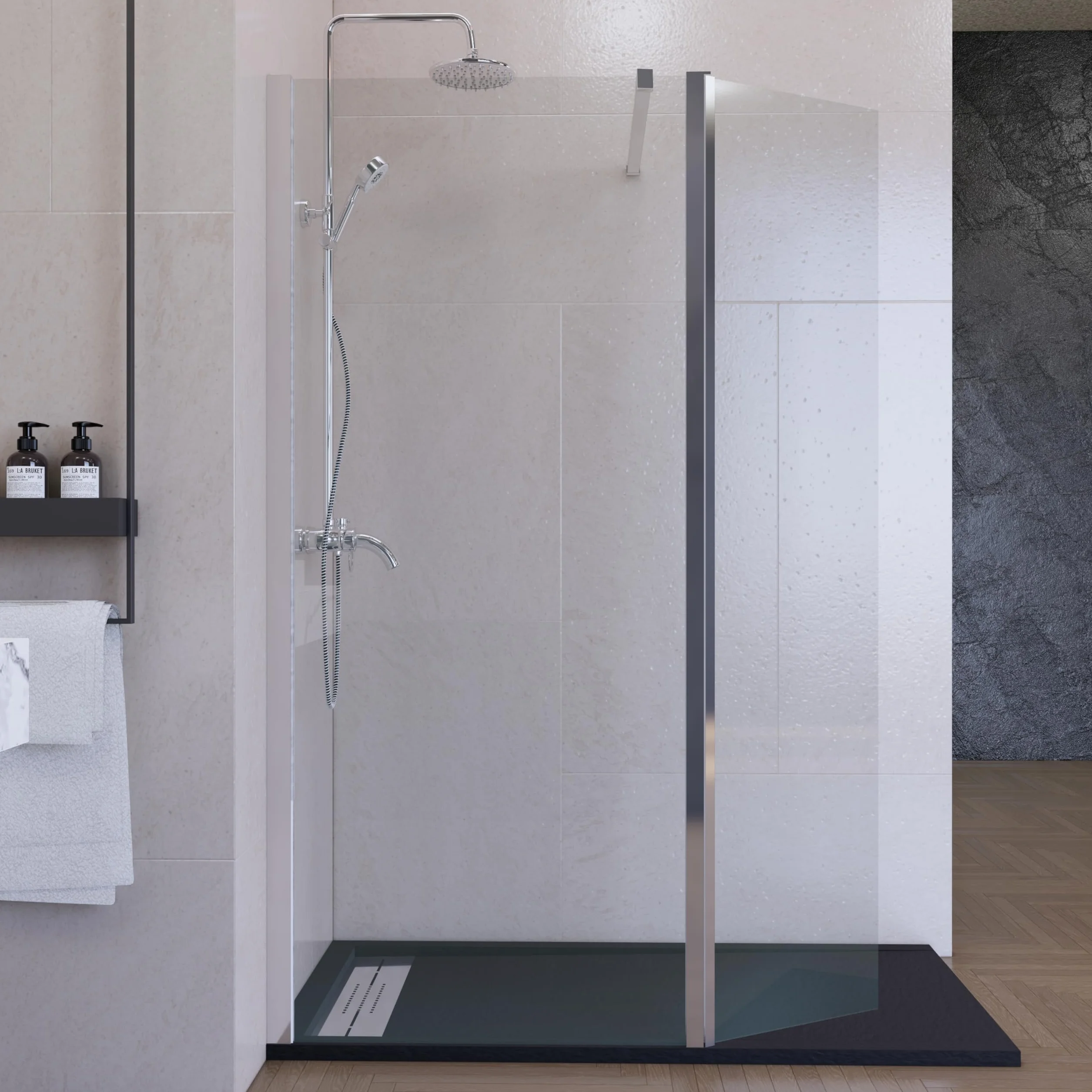 Mampara de Ducha Fija con Panel Abatible Cromo 60 cm + 40 cm – Cristal Templado 8 mm Antical – Mampara Walk In Reversible para Baño Moderno – HOGAKIS