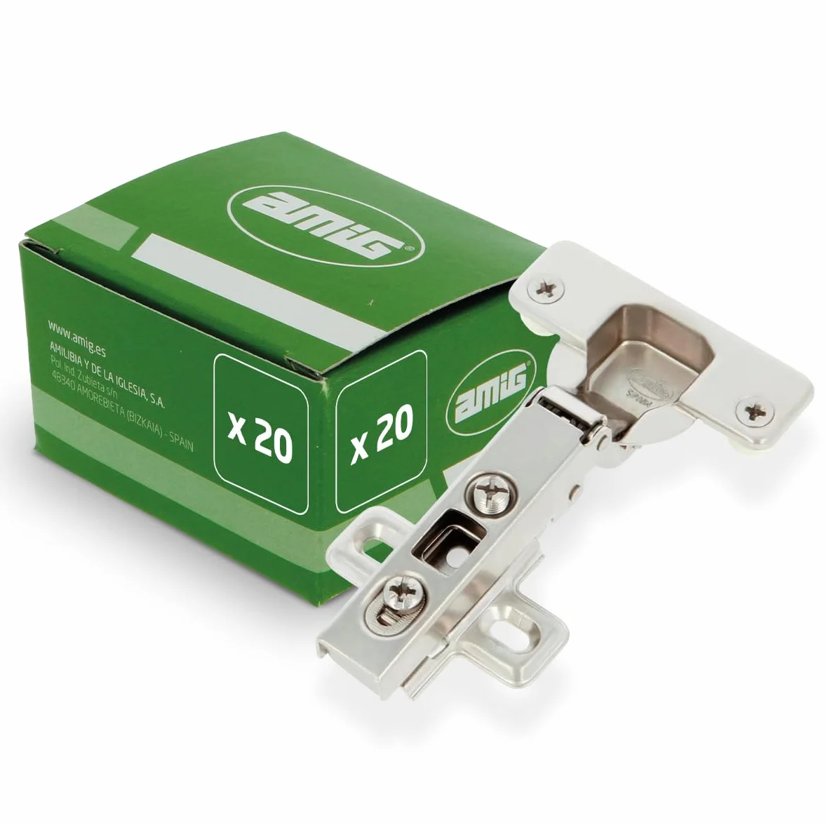 Amig - Pack de 20 Bisagras de Cazoleta Recta - Ø35 mm - Acero Niquelado - Pestillo de Apertura Rápida - Instalación Oculta para Muebles - Tacos y Tirafondos Premontados