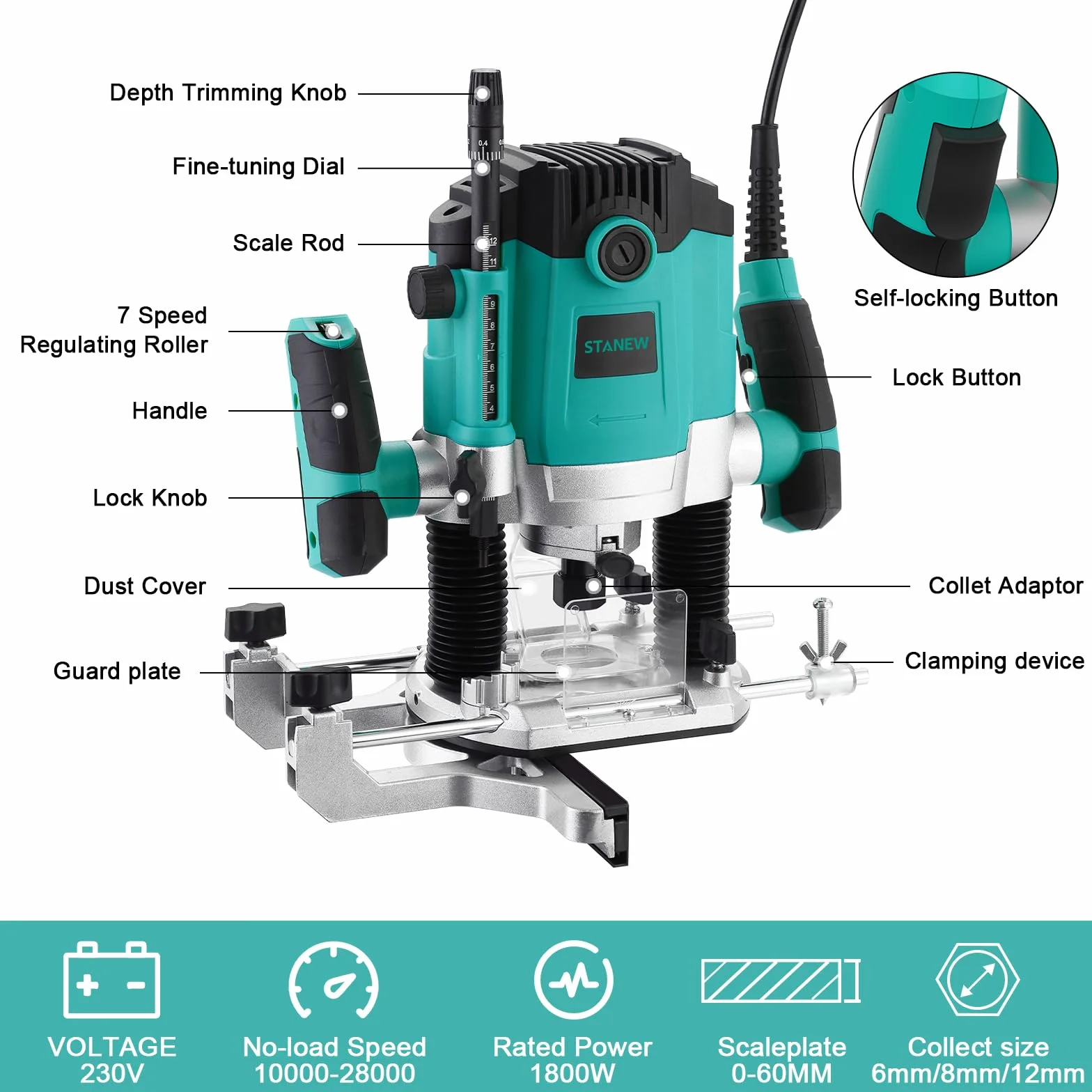 Fresadora Para Madera 1800 W,10000-28000 RPM, STANEW,Rebajadora Eléctrica con Juego de 12 fresas,7 Velocidades,3 Alicates de 6,8,12 mm,Ajuste de la Profundidad de Fresado, Bolsa de Lona