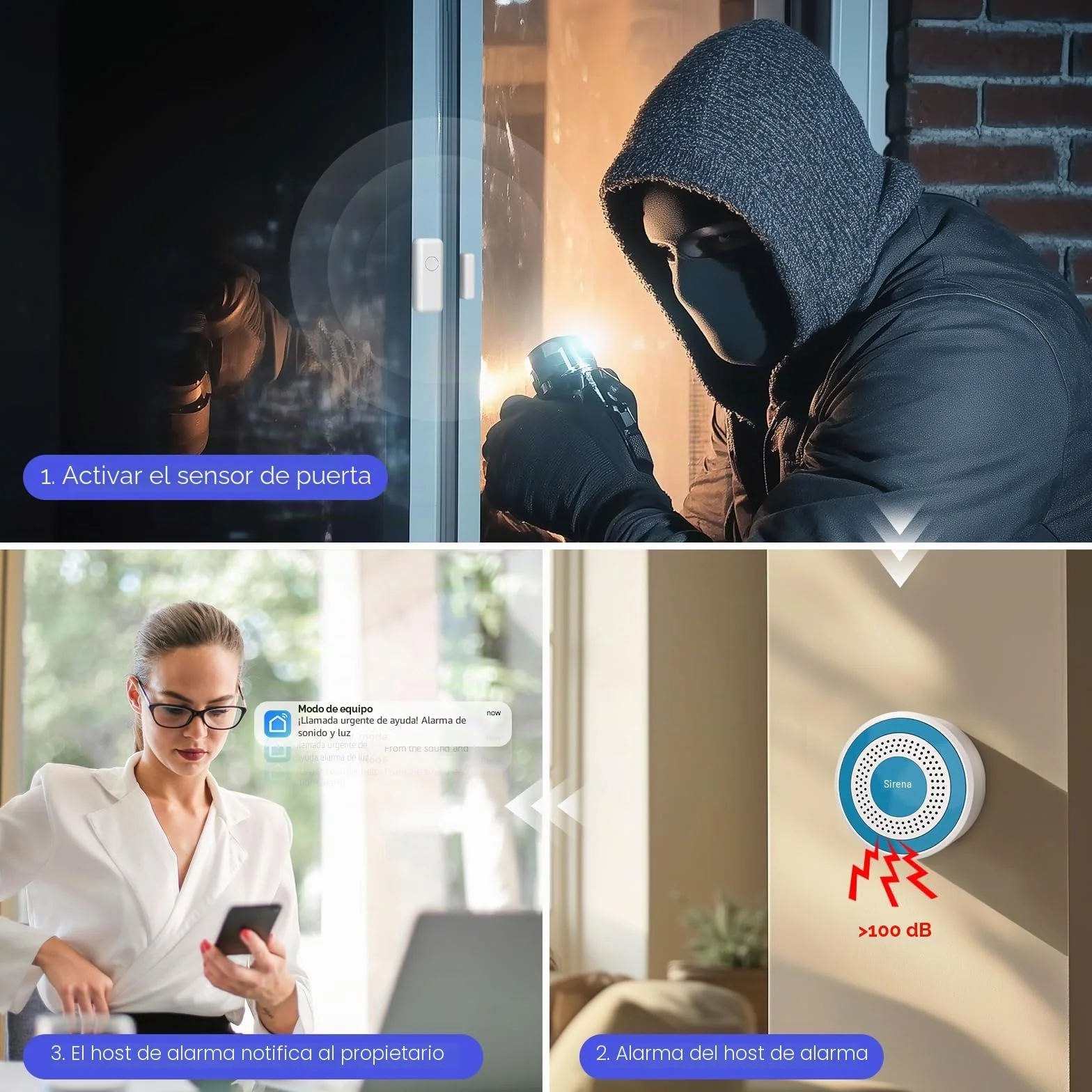 Alarma para Casa, WiFi Sistema de Alarma para Casa, Antirrobo Inalámbrico con 1 Sensores para Puertas y Ventanas, 1 Detectores de Movimiento y 2 Controles Remotos, Compatible con Alexa