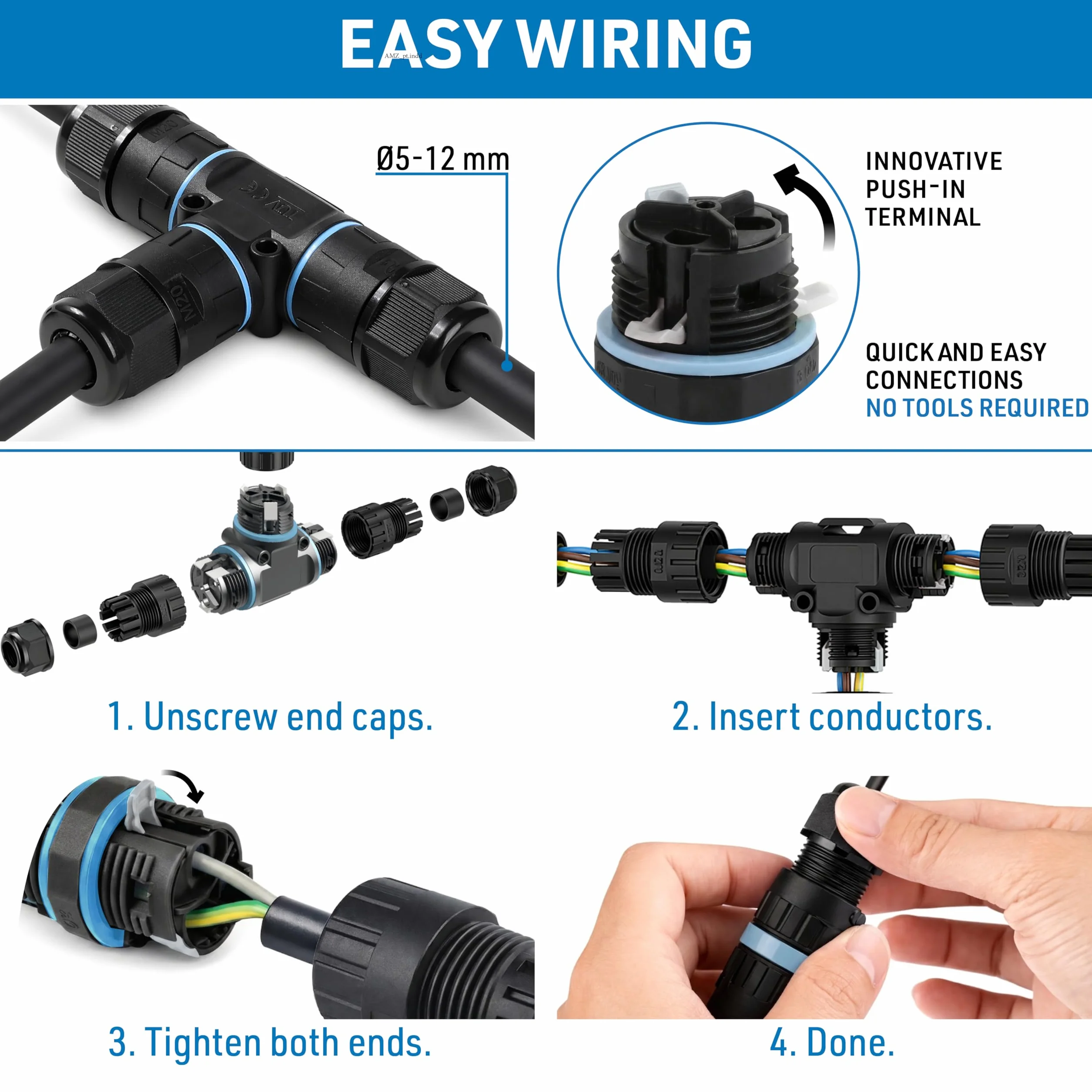 Electraline 71736 Conector estanco en forma de t, 3 polos, 3 vías, ideal para jardines y espacios exteriores, para cables externos IP68
