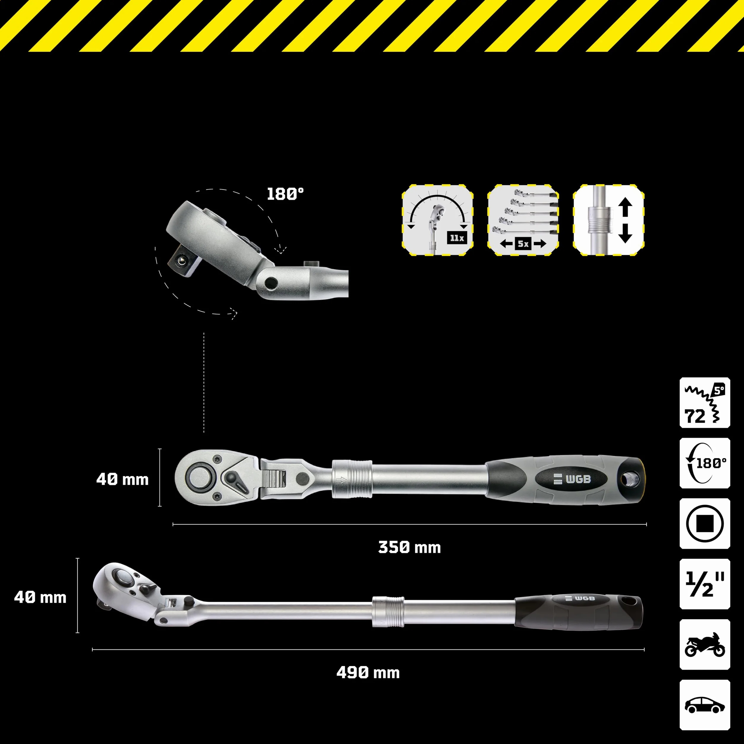 WGB Das Werkzeug Llave de trinquete telescópica articulada de 1/2", con 72 dientes, según la norma DIN 3122, rango de longitud de 350-490 mm
