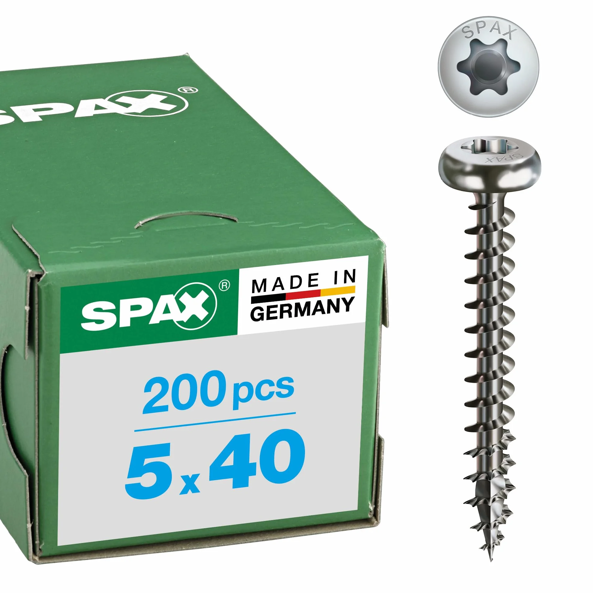 Spax 207000000000 - Tornillo universal de 5,0 x 40 mm, 200 piezas, la cabeza de media caña, t-star plus 4cut, totalmente roscados, de acero inoxidable a2-óxido, 1.4567-0