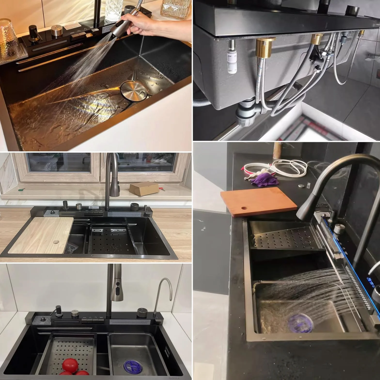 Fregadero de cocina de acero inoxidable multifunción de 80 x 50 cm – 2 cascada fregadero de agua, grifo extraíble, gran lavabo de cocina, con dispensador de jabón, con accesorios para