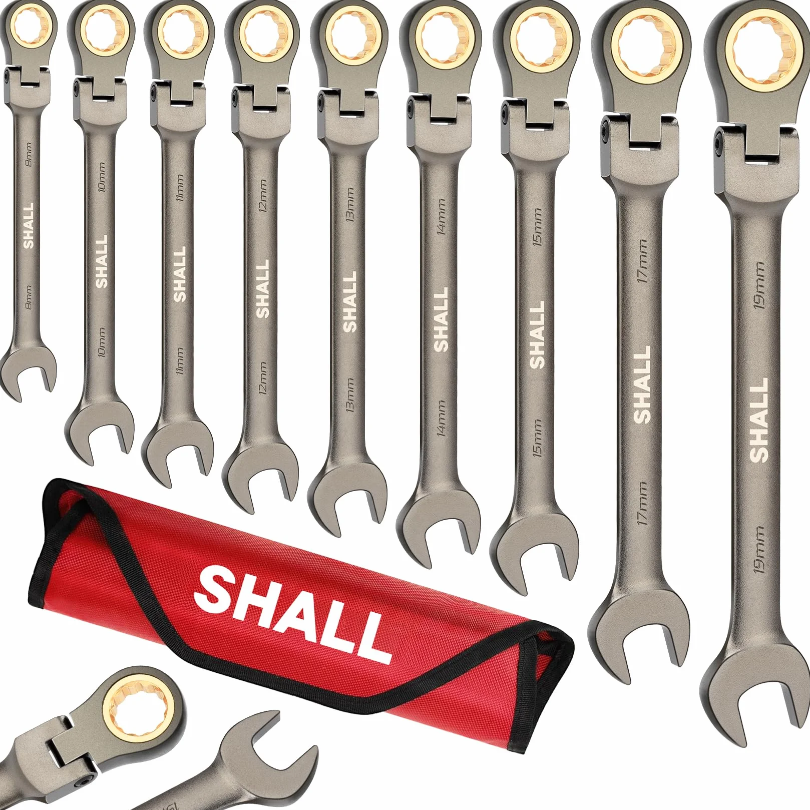 Shall Conjunto de llave de Ratcheting de cabeza flexible de 9 piezas, 72 dientes métricos 8-19mm, Cr-V construido, Chapado Níquel con bolsa de organización