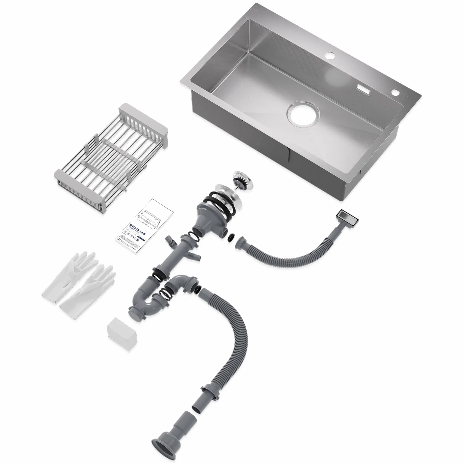 CECIPA 70×45cm Fregadero Sobre Encimera Con Cesta de Drenaje, Grande Cocina 1 Seno Para Armarios de 70cm o Más, Multifuncional de Acero Inox Con Sifón, Rebosadero y Residuos