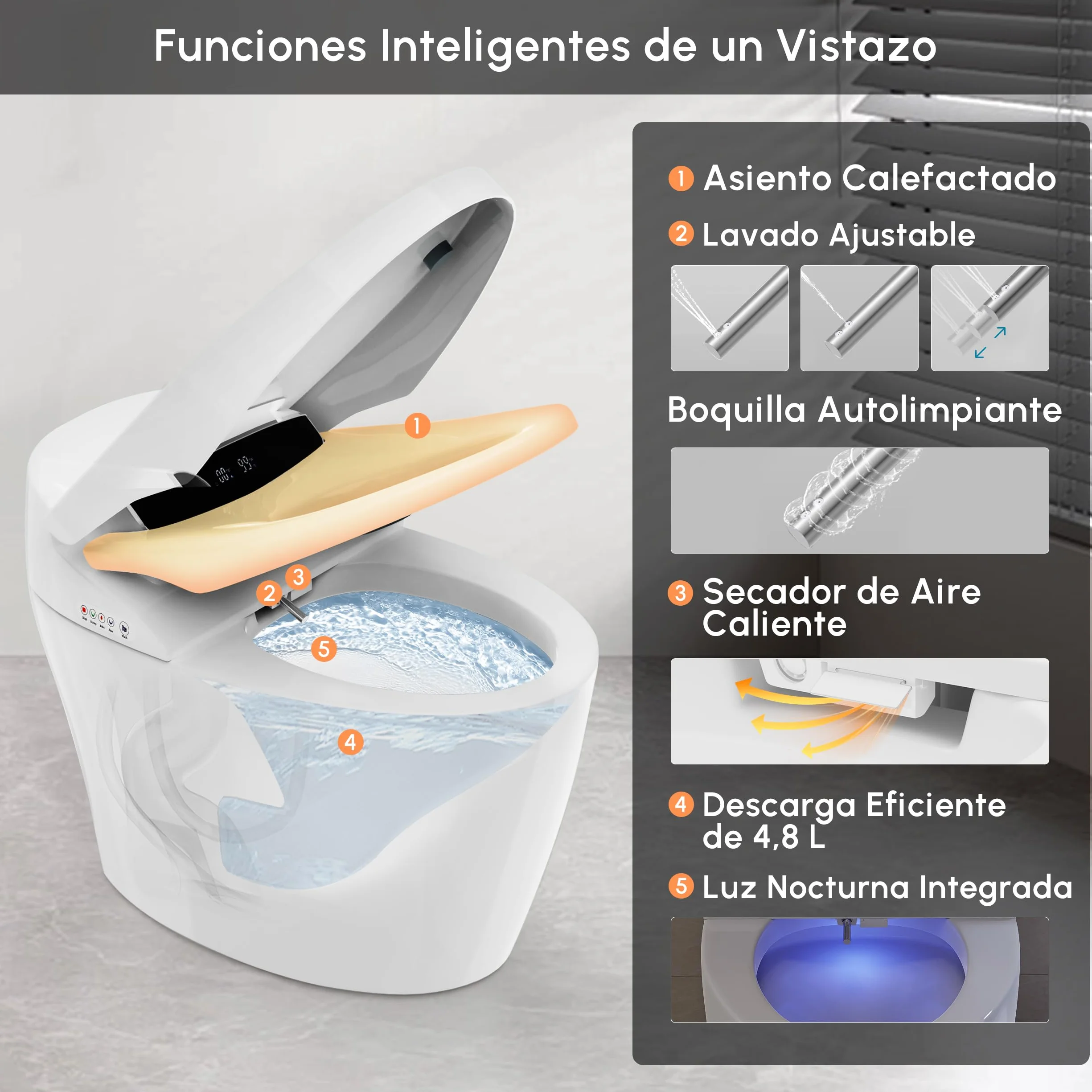 Homary Inodoro Inteligente Japonés Sin depósito con Bidé Integrado Automático, Asiento Calefactable, Luz Nocturna, Estándar Tapa de Accionamiento Manual, Salida al Suelo, J021123088