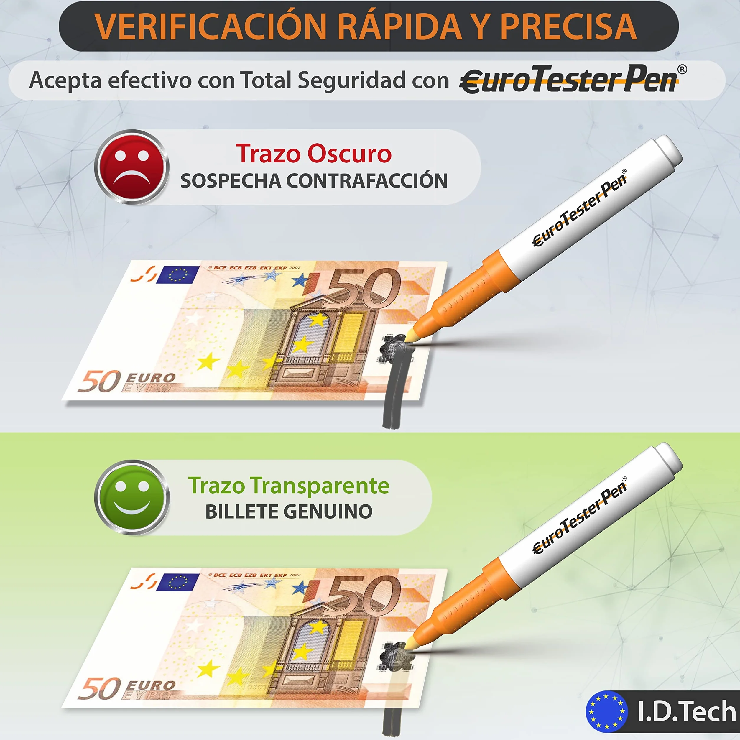 EURO TESTER PEN XL - Profesional Detector Billetes Falsos, Rotulador para Euro Dolar Libras y Monedas Internacionales, Original Made in Italy