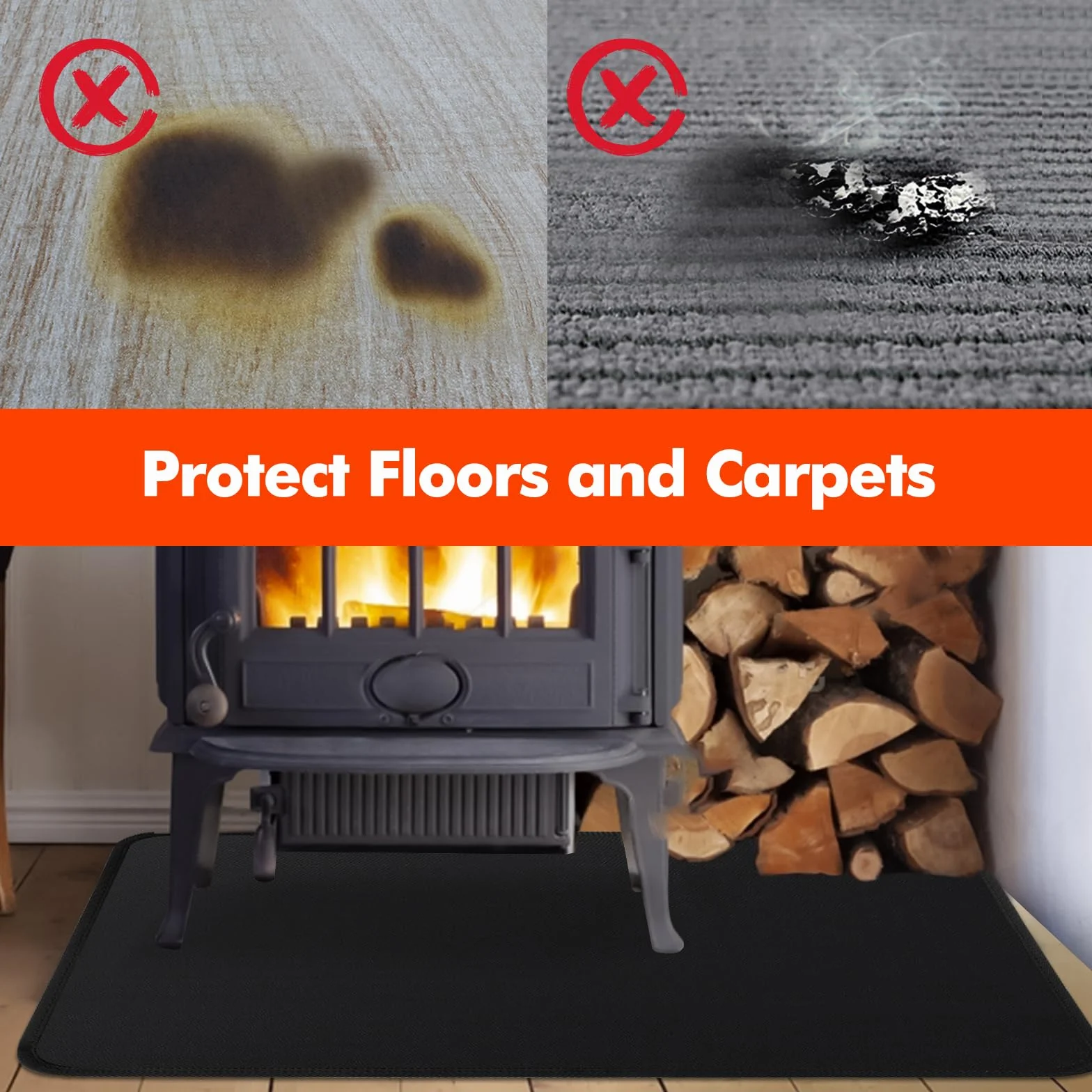 Alfombra antifuego, alfombra ignífuga, ignífuga para estufa de leña, chimenea, interior y exterior, protege los suelos y alfombras de chispas, 150 x 80 x 0,1 cm, color negro