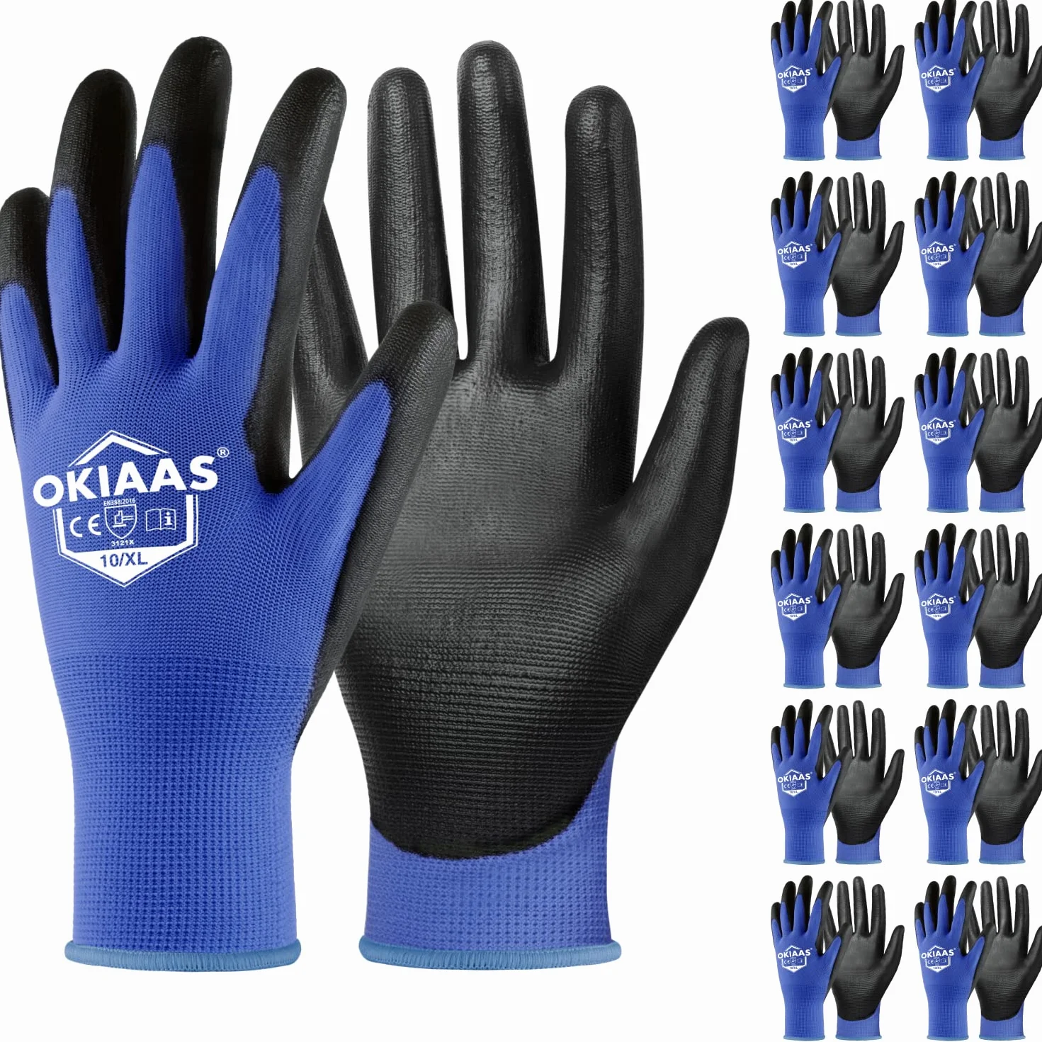 OKIAAS Guantes de trabajo de seguridad (12 pares, tamaño XL/10) con mango, guantes de trabajo con revestimiento de poliuretano (PU), para mecánico, almacén, jardinería, construcción, trabajos de