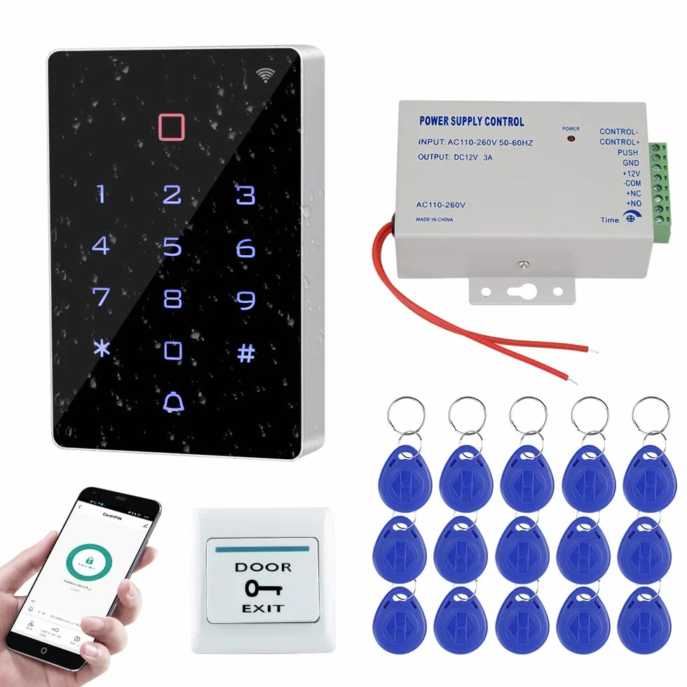 Sistema de Control de Acceso Impermeable IP68 Tuya WiFi Teclado RFID + K80 3A Fuente de Alimentación + Botón de Salida + 15 Etiquetas de Llavero RFID, Sin Cerradura Eléctrica