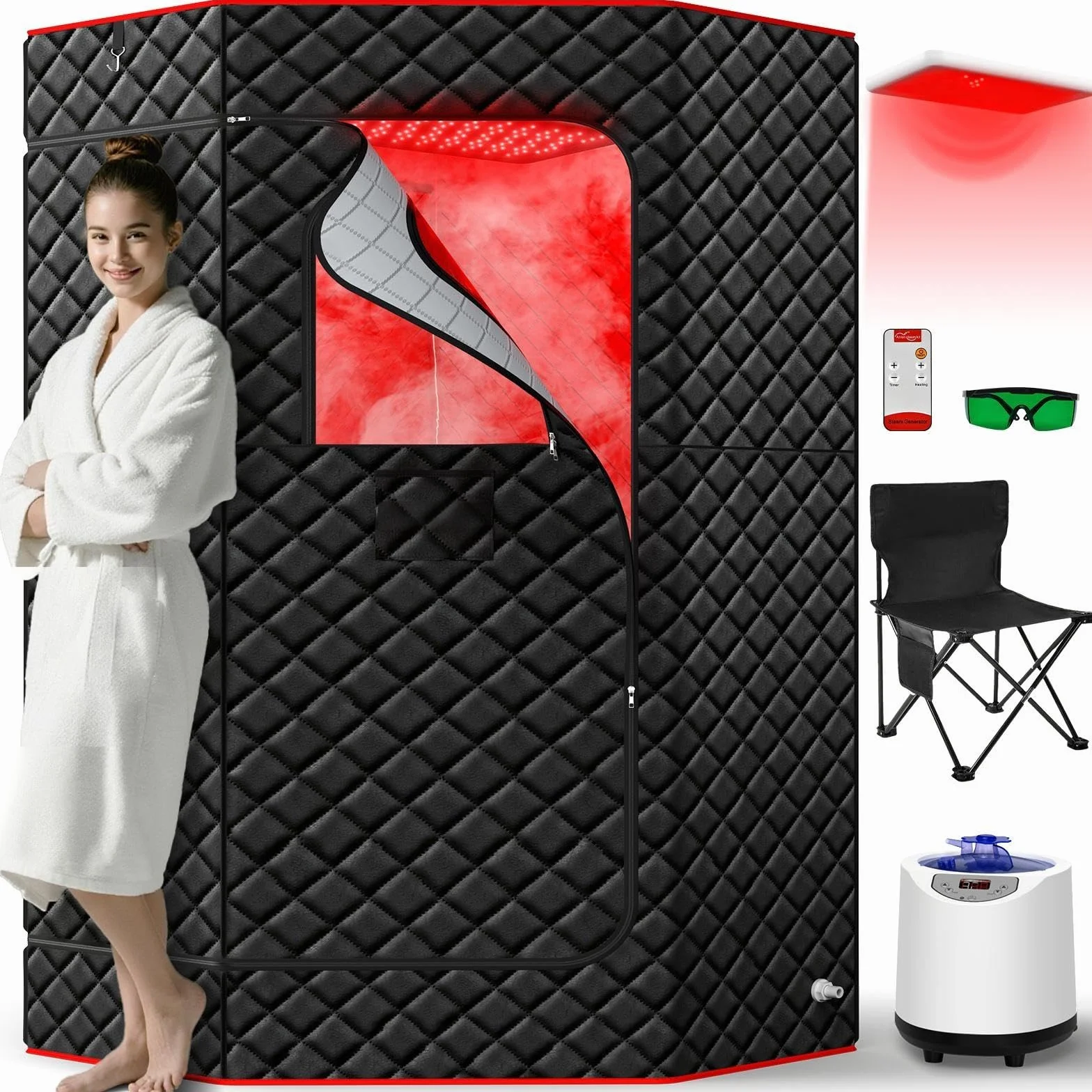 I-THERA-U Sauna de infrarrojos para el hogar - Sauna portátil de vapor de 660 y 850 nm sauna de vapor de cuerpo entero con 3L 1200 W generador de vapor baño de vapor, 15 niveles de calor, silla, mando