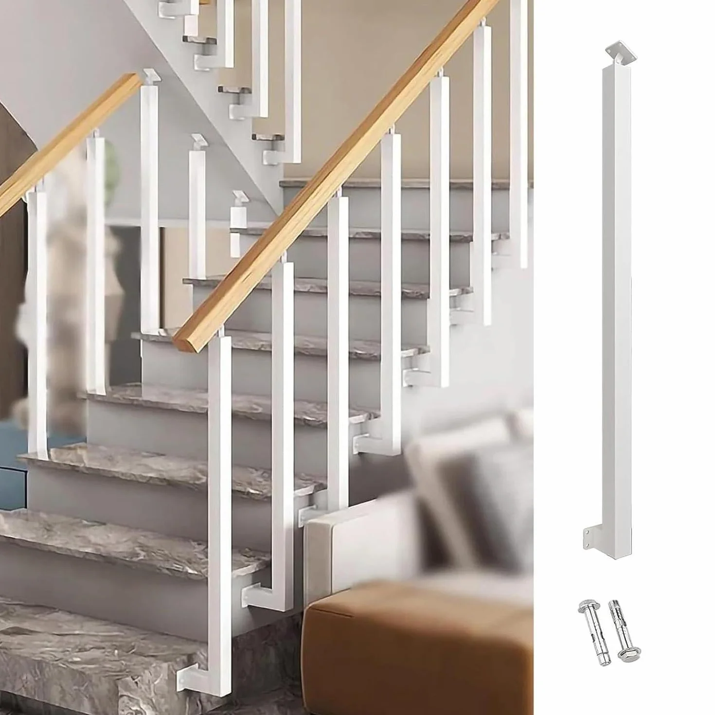Columnas de barandilla de escaleras en el lado, columnas de barandilla de hierro cuadrado, columnas de eje principal de soporte plano ajustable de 270 °, columnas de barandilla,White-1pcs-90cm/35.4in