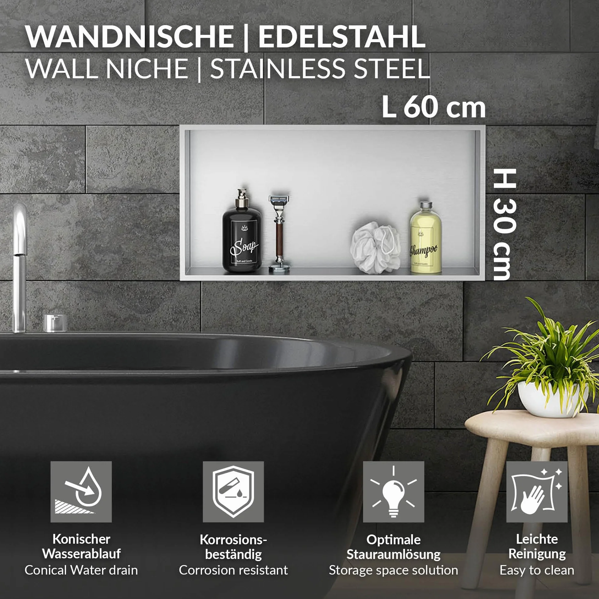LuxeBath Nicho de Ducha de Acero Inoxidable 60x30x10 cm Plata Marco de Pared Empotrado Alicatable Estante Integrado Instalación Flexible para Almacenamiento Organizador de Utensilios para Baño