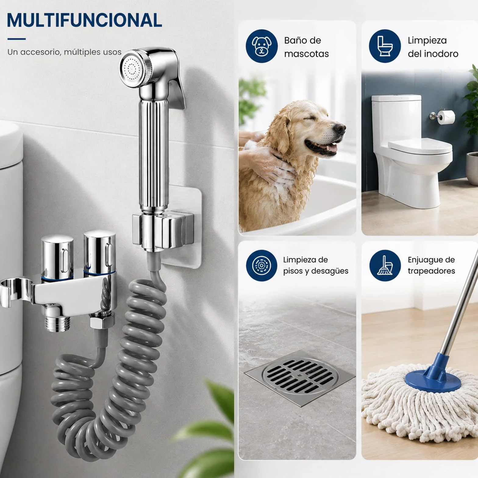 Ducha Higiénica WC con Doble Soporte, Latón Cromado | Manguera espiral flexible | Válvula ajustable | Pistola de latón | Kit bidé WC | Doble soporte