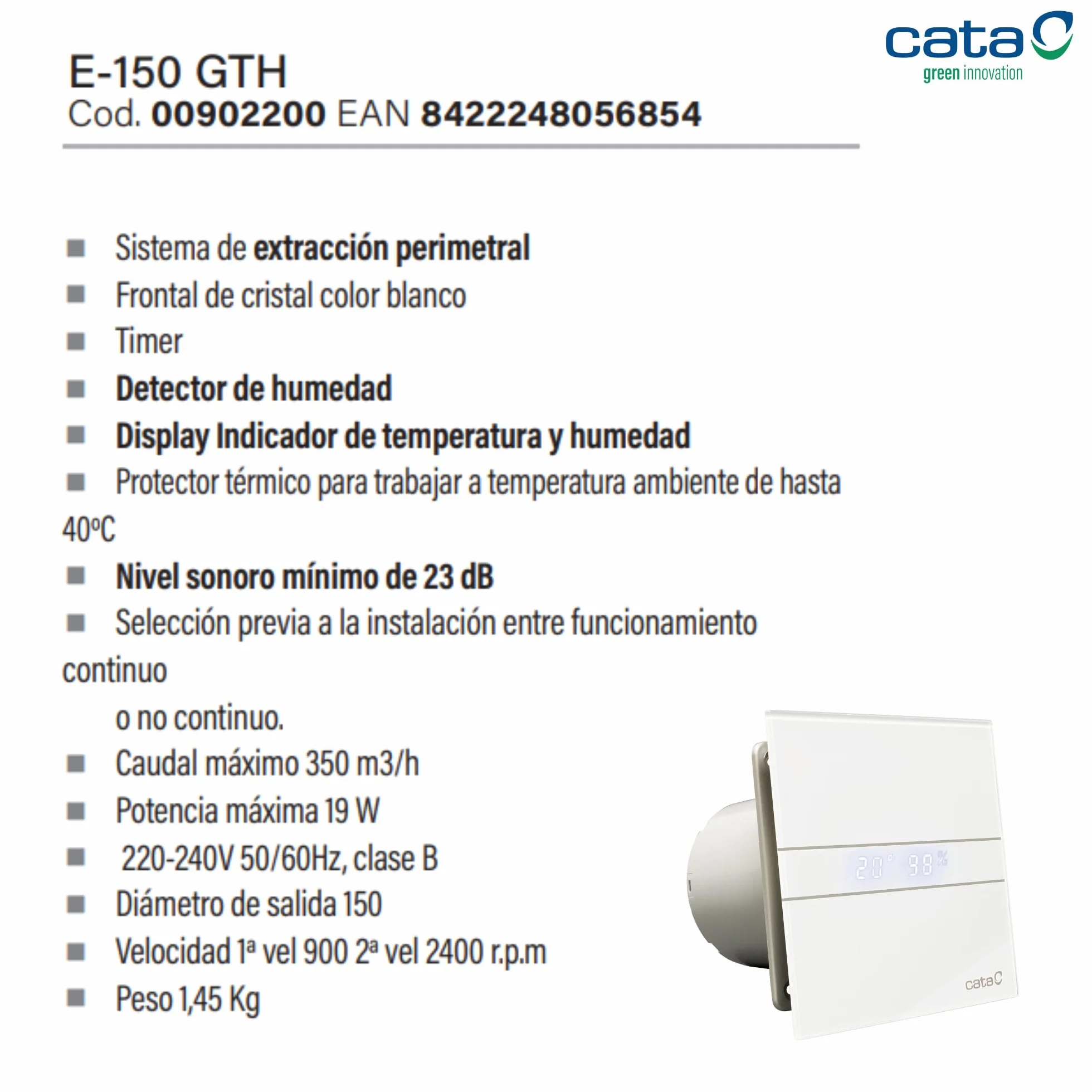 Cata 900200 E-100 GTH Extractor de Aire para Baño Silencioso Serie E, 8 W, Cristal Blanco