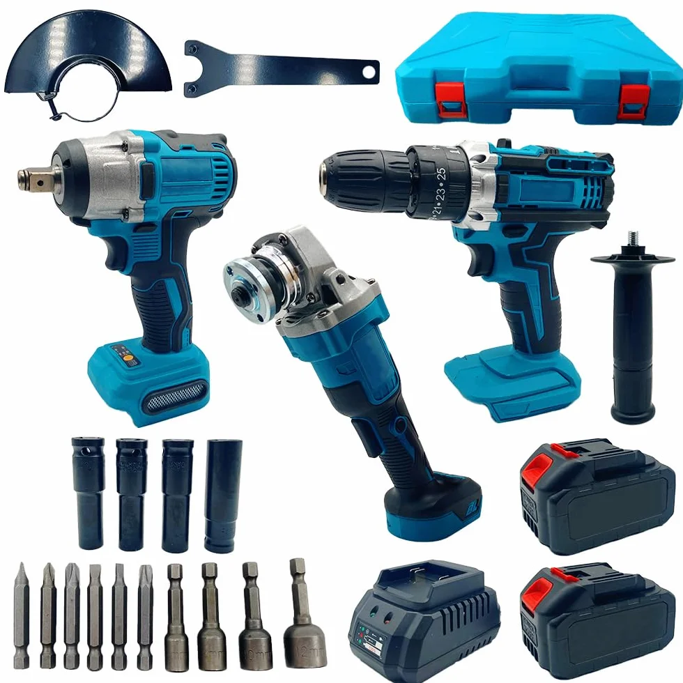 Kit de herramientas profesionales de 88 V, maletín, destornillador, amoladora angular y taladro de impulsos, 2 baterías, 14 puntas, kit 3 en 1