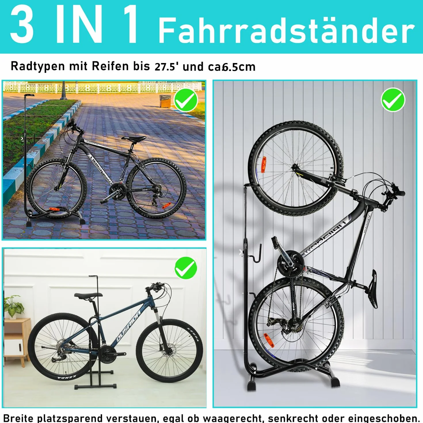 Soporte para bicicletas 3 en 1, suelo de 20 a 27,5 pulgadas, soporte de mantenimiento para bicicletas horizontal y vertical, altura ajustable, adecuado para rueda delantera o trasera, 42,5