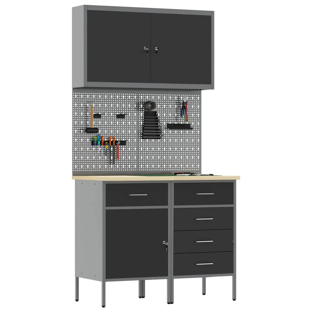 Banco de trabajo con cajones, 5 unidades, color negro, madera y acero, resistente, almacenamiento para garaje, sótano, construcción con pared perforada y organizador